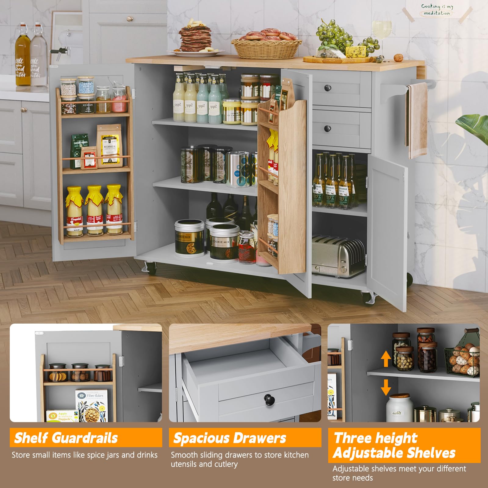 Grey Rolling Kitchen Island with Drop-Leaf and Storage