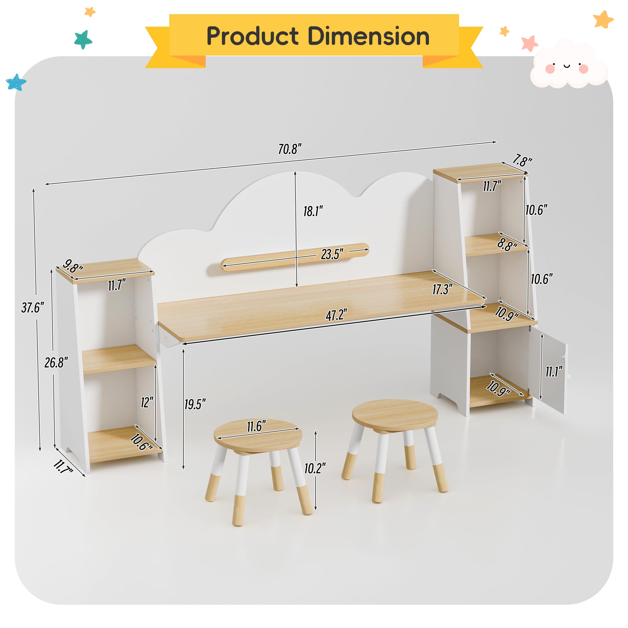 Kids Study Desk with Bookshelves and 2 Stools