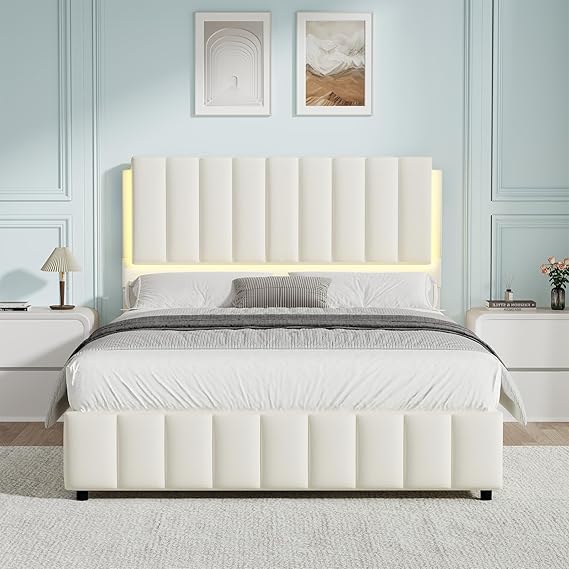 Pink Queen LED Bed Frame with Upholstered Headboard