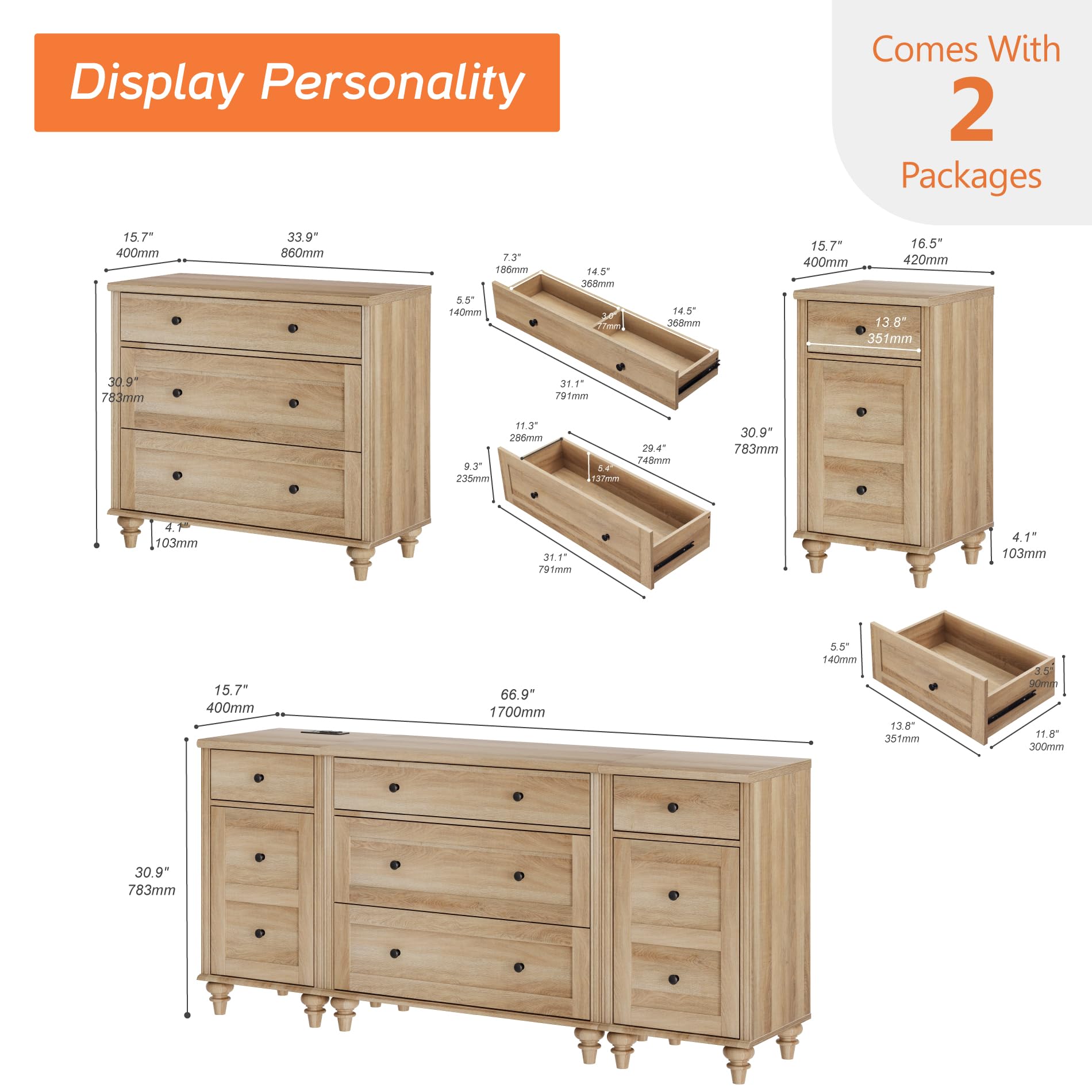 5-Drawer Dresser with Charging Station and Storage Cabinet