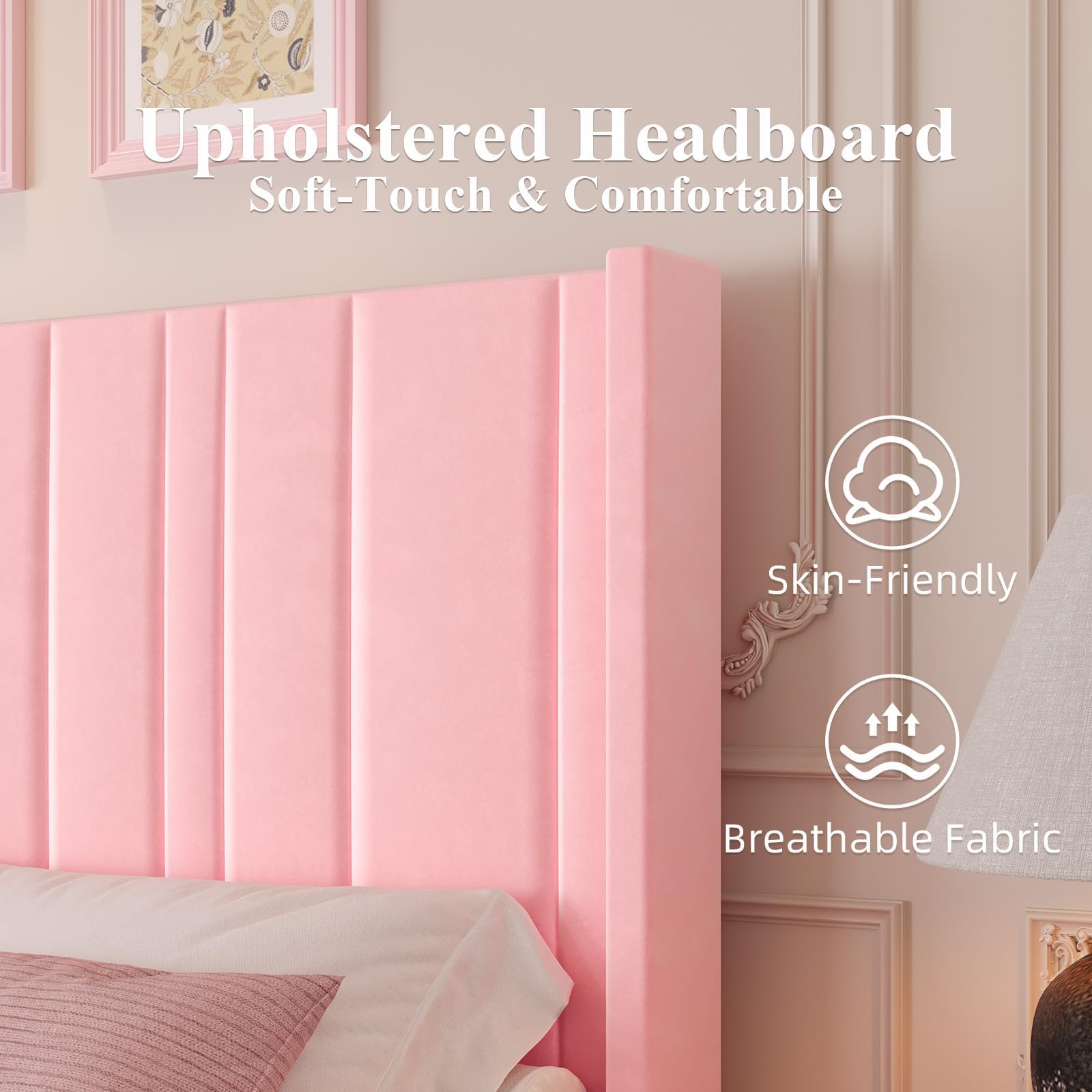 Pink Velvet Queen Bed Frame with Tufted Headboard