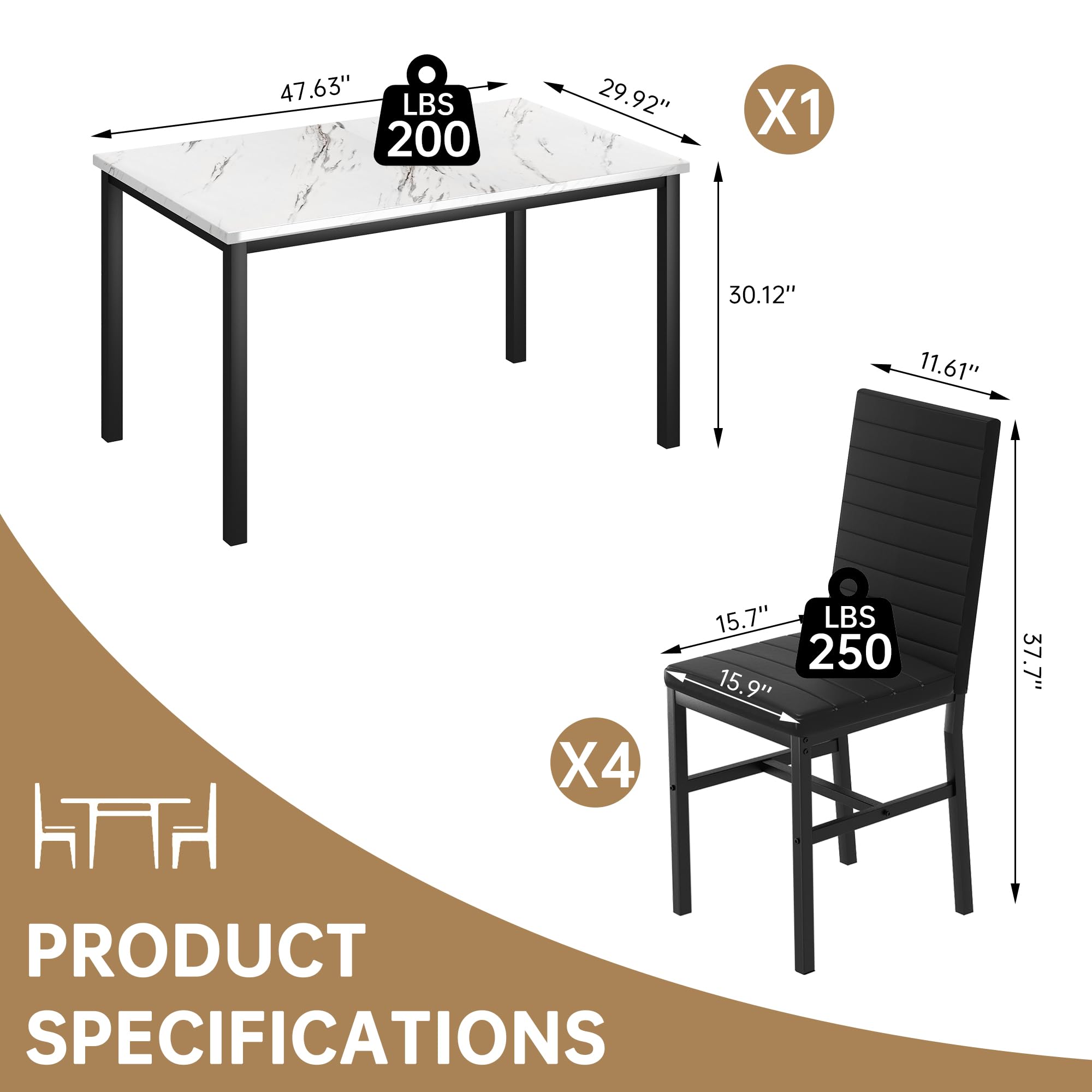 Recaceik 5-Piece Small Dining Table Set for 4, Modern Faux Marble Kitchen Table with 4 Upholstered PU Leather Chairs, Dining Room Table Set for Dinette, Breakfast Nook & Small Spaces, Black