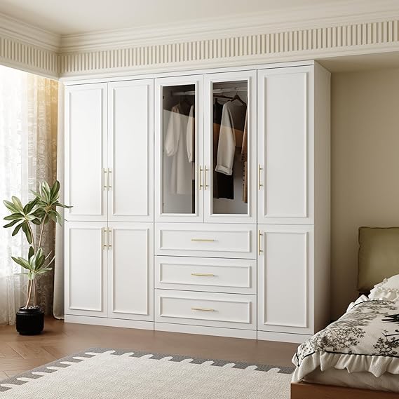 Modern White Wardrobe Closet with Doors and Gold Handles