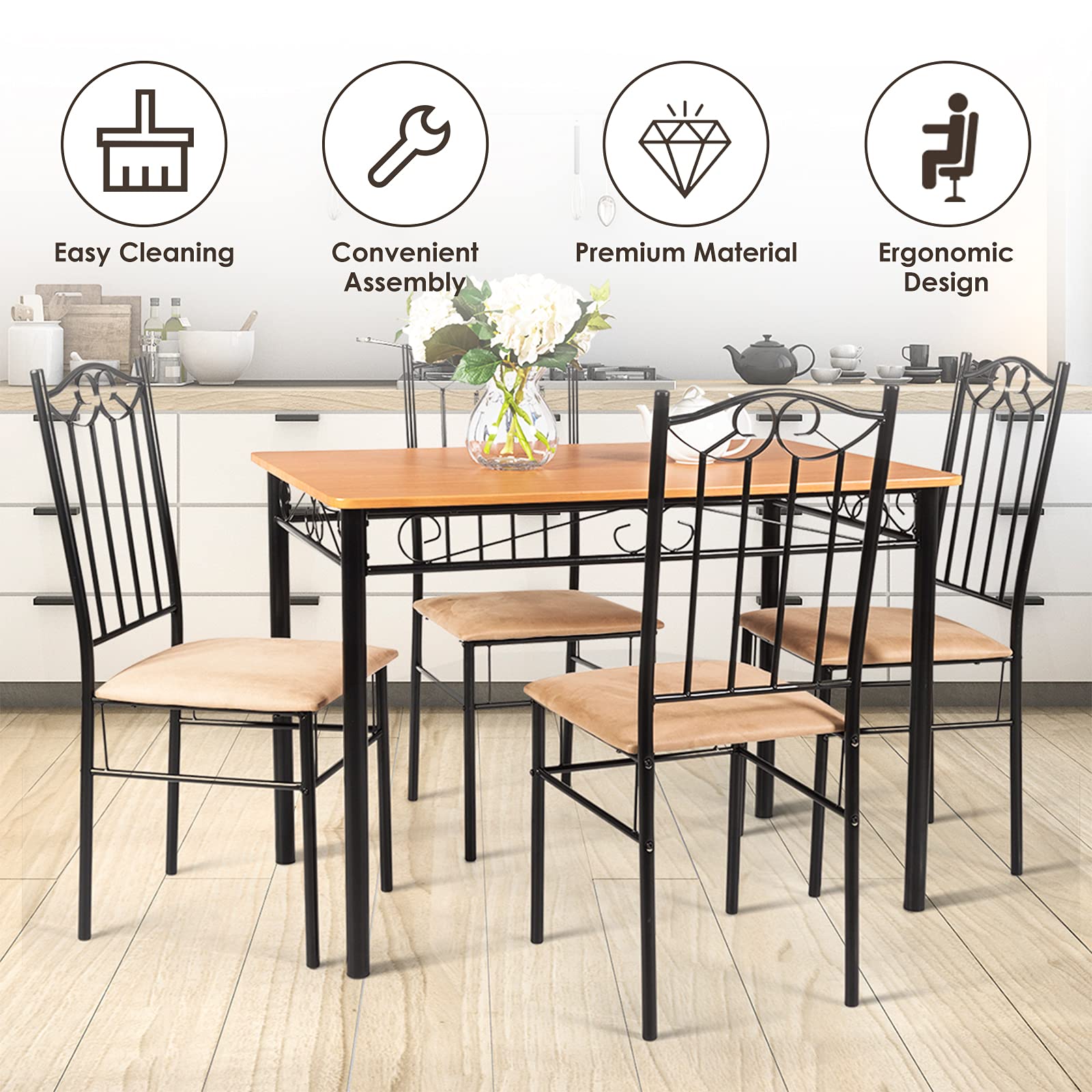 5-Piece Dining Table Set with Cushioned Chairs