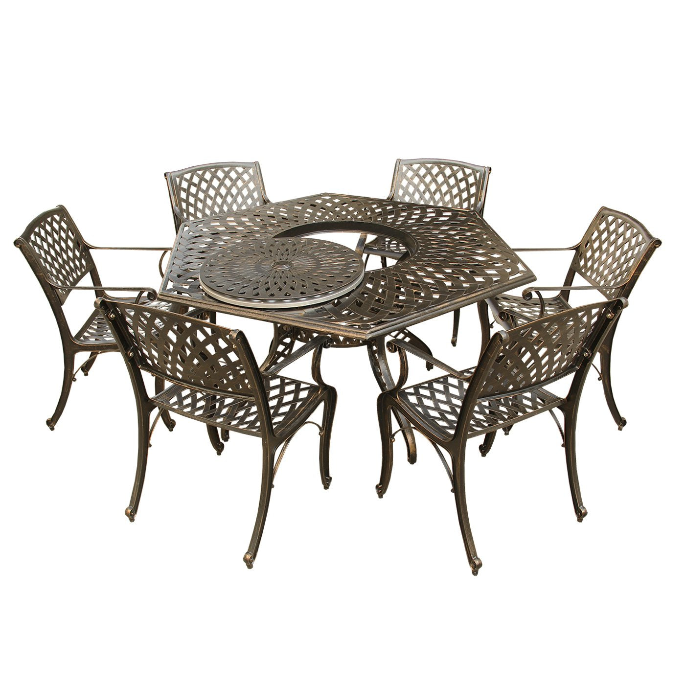 63-Inch Bronze Hexagon Dining Set with Lazy Susan