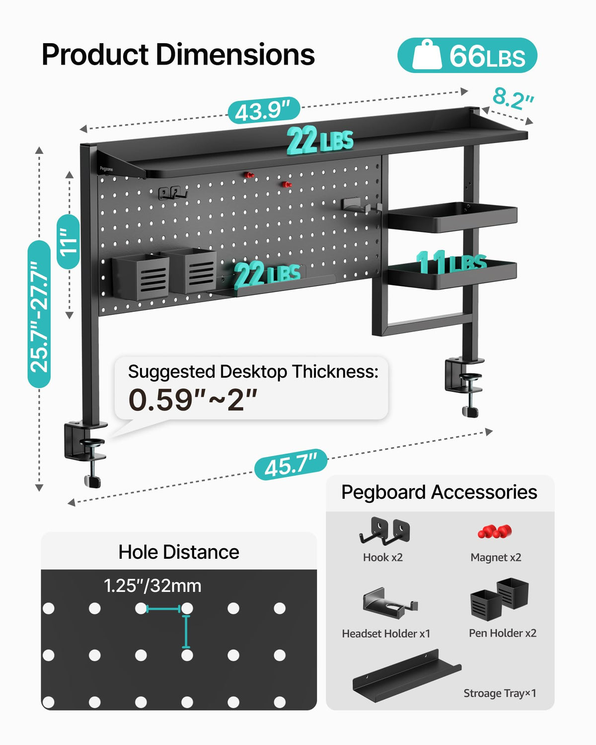 44" Clamp-On Desk Shelf with Pegboard and 2-Tier Organizer