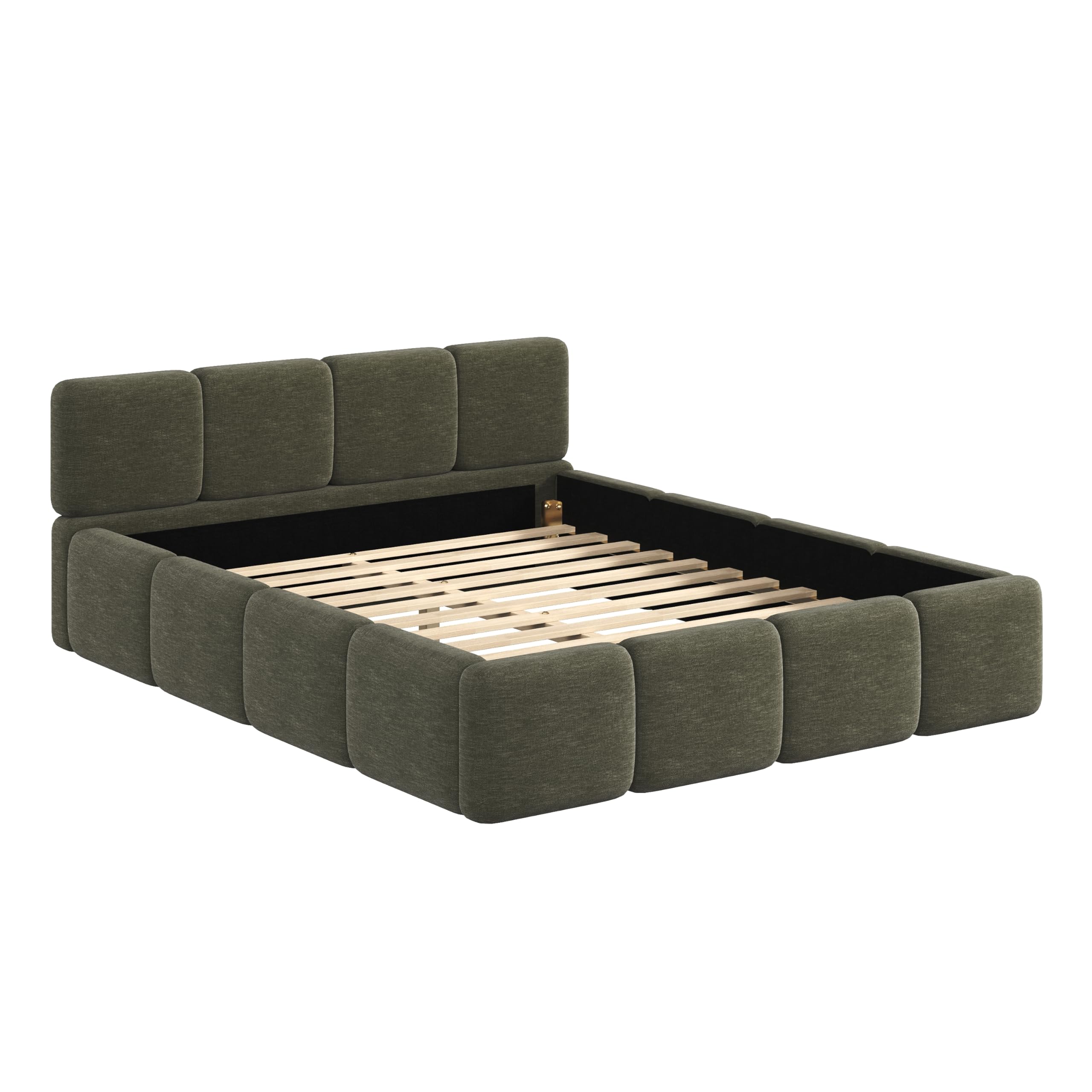 Linen Upholstered King Bed Frame with Headboard - Olive Green