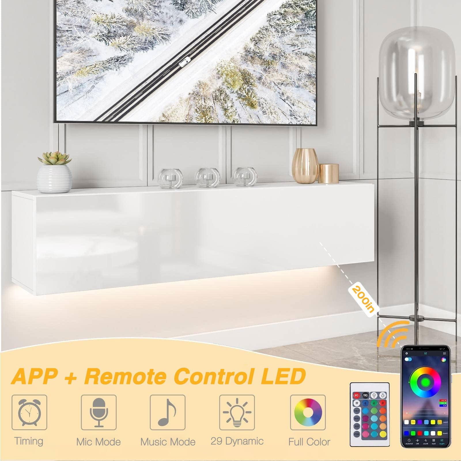 Floating TV Stand with LED - 63 Inch Wall Mounted Entertainment Center