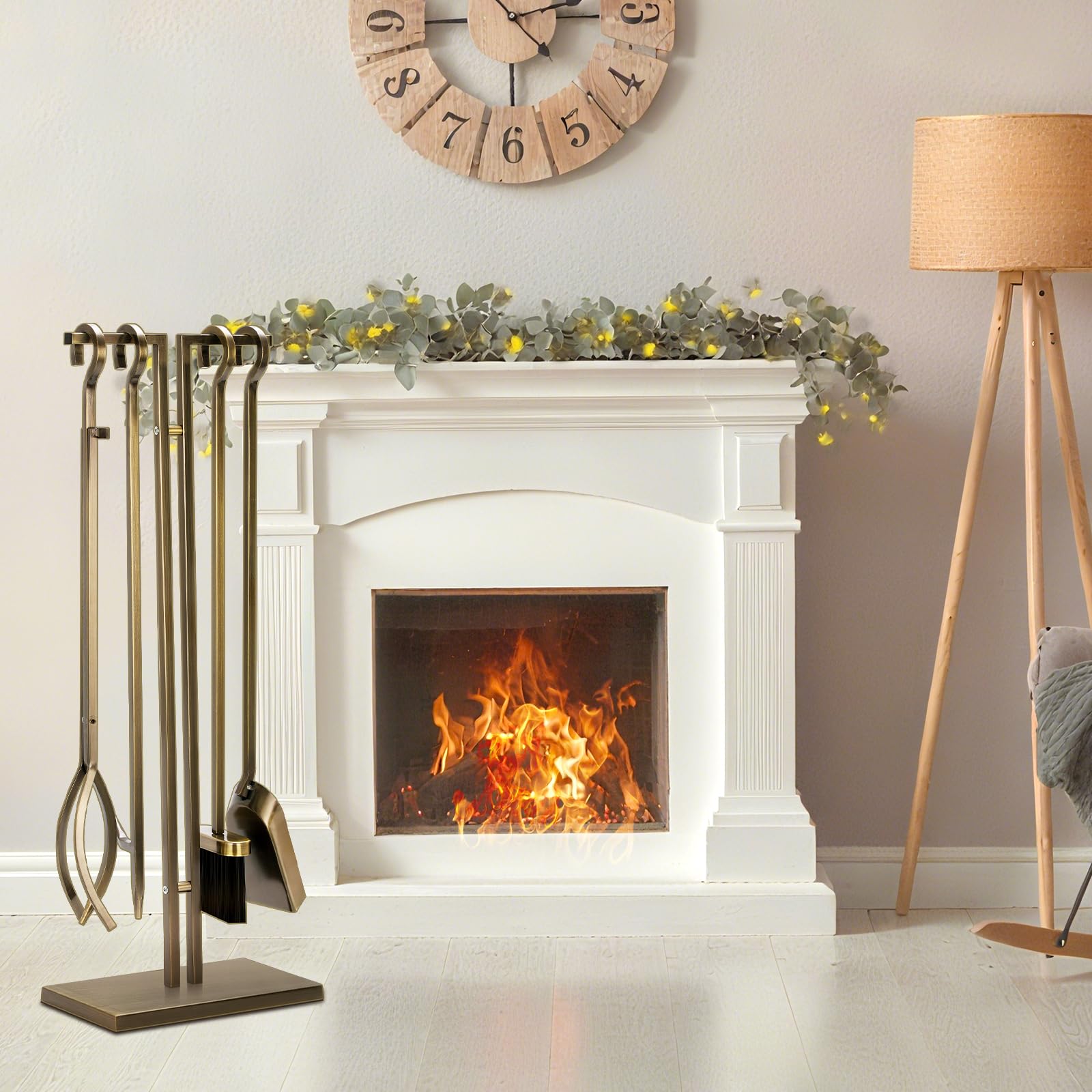 29 Inch Fireplace Tool Set - 5 Piece Wrought Iron Set with Stand