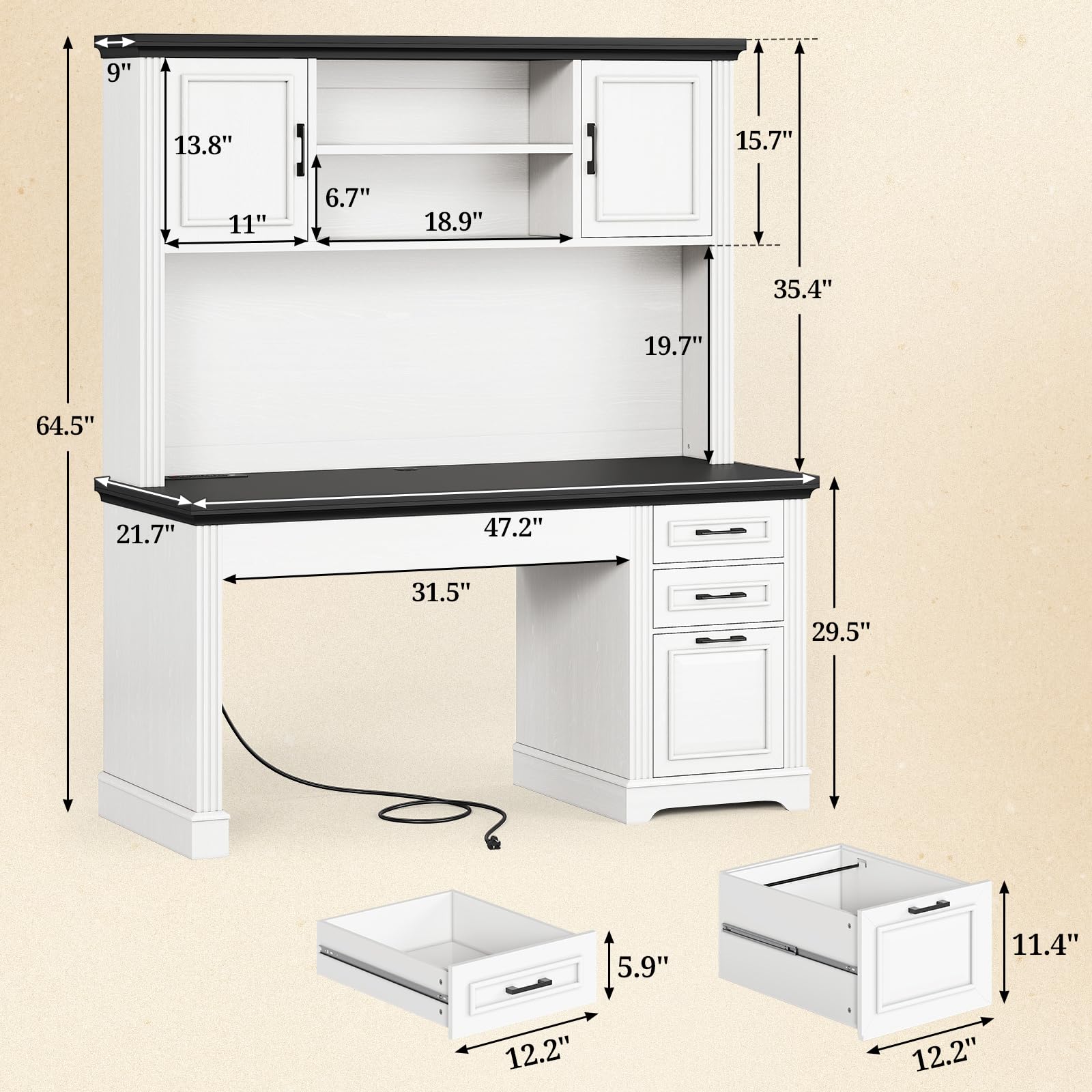 Farmhouse Computer Desk with Hutch and 3 Drawers