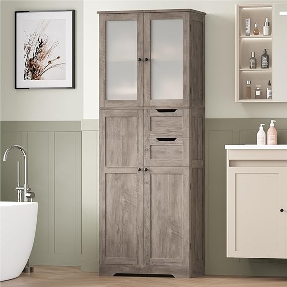 Tall Bathroom Storage Cabinet with Glass Doors