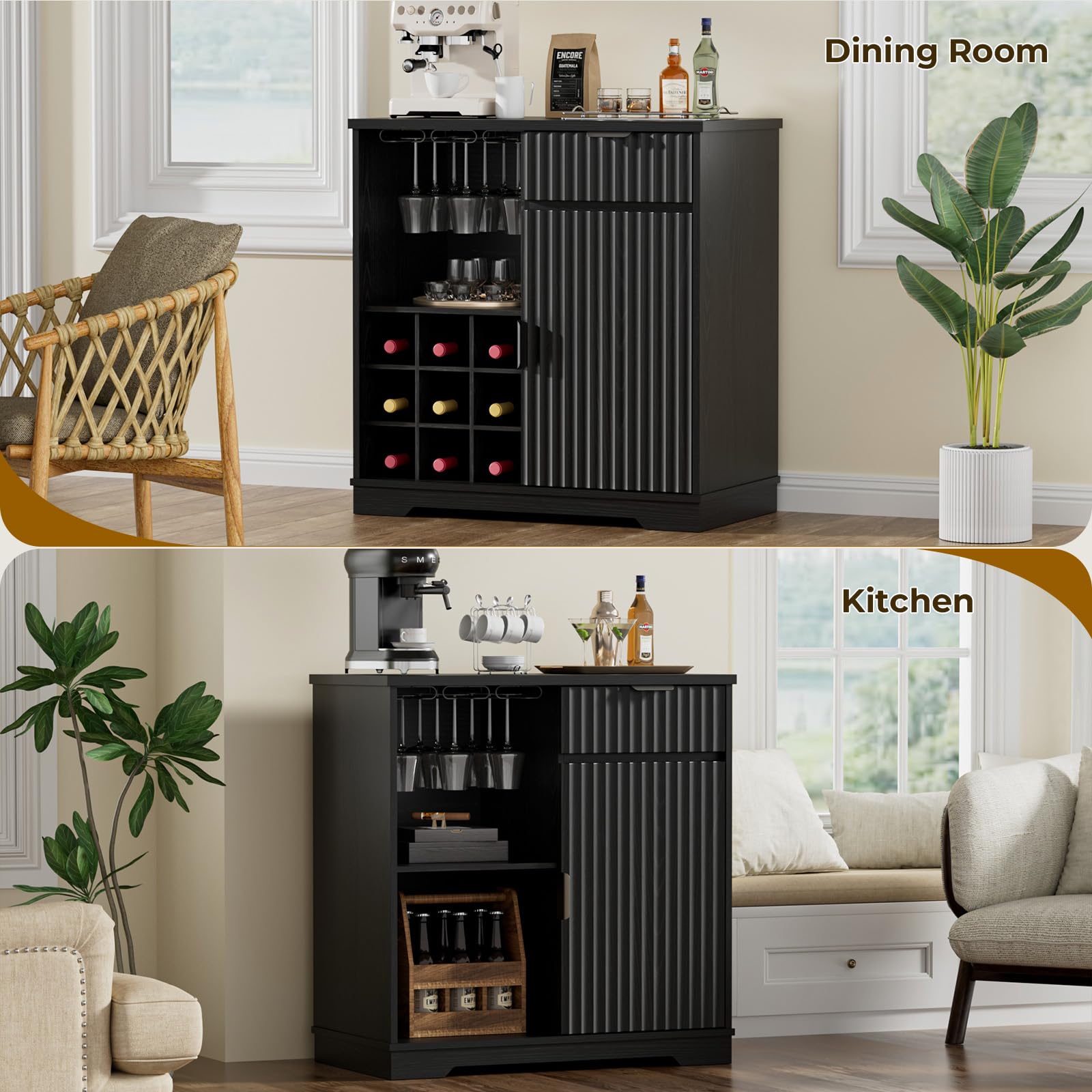 Fluted Coffee Bar Cabinet with Wine Rack & Glass Holder