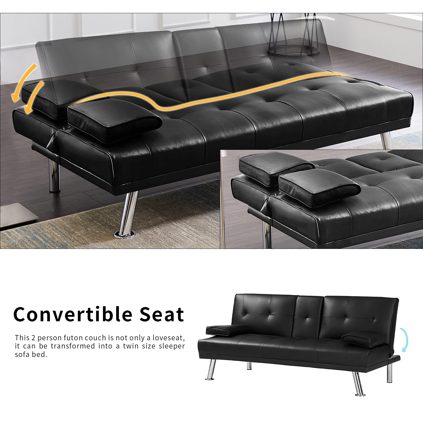Convertible Futon Sofa Bed with Cup Holders