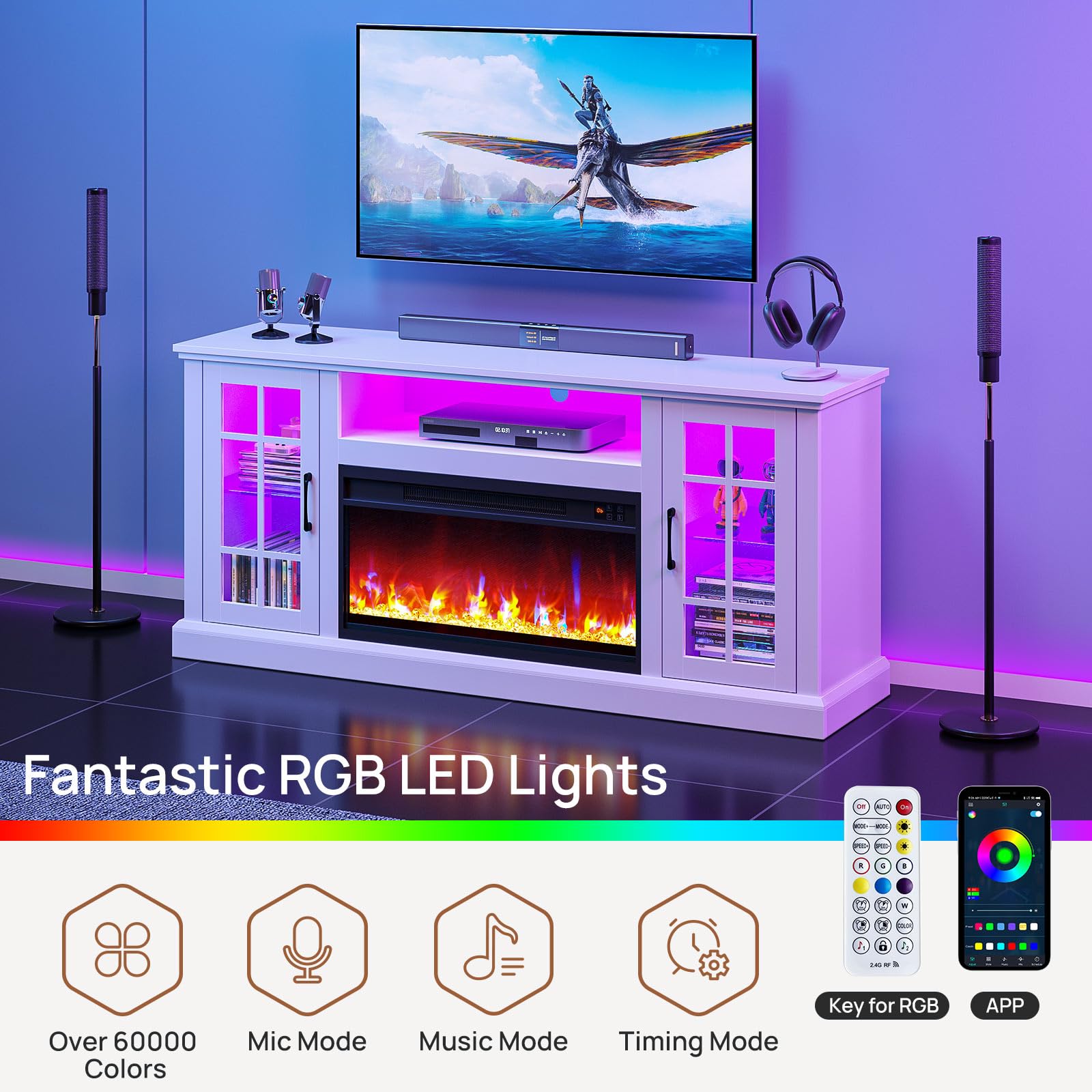 Fireplace TV Stand with LED and Power Outlets