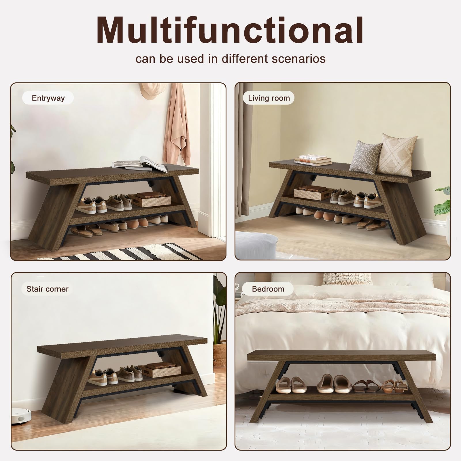 2-Tier Solid Wood Shoe Storage Bench for Entryway