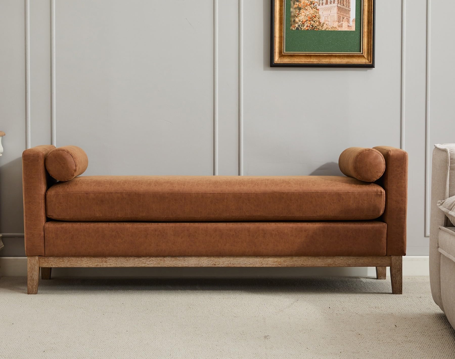 Oversized Upholstered Bench Ottoman with Bolster Pillows