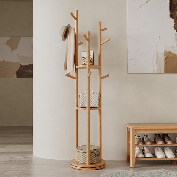 Solid Wood Rotary Coat Rack with 3 Shelves and 9 Hooks
