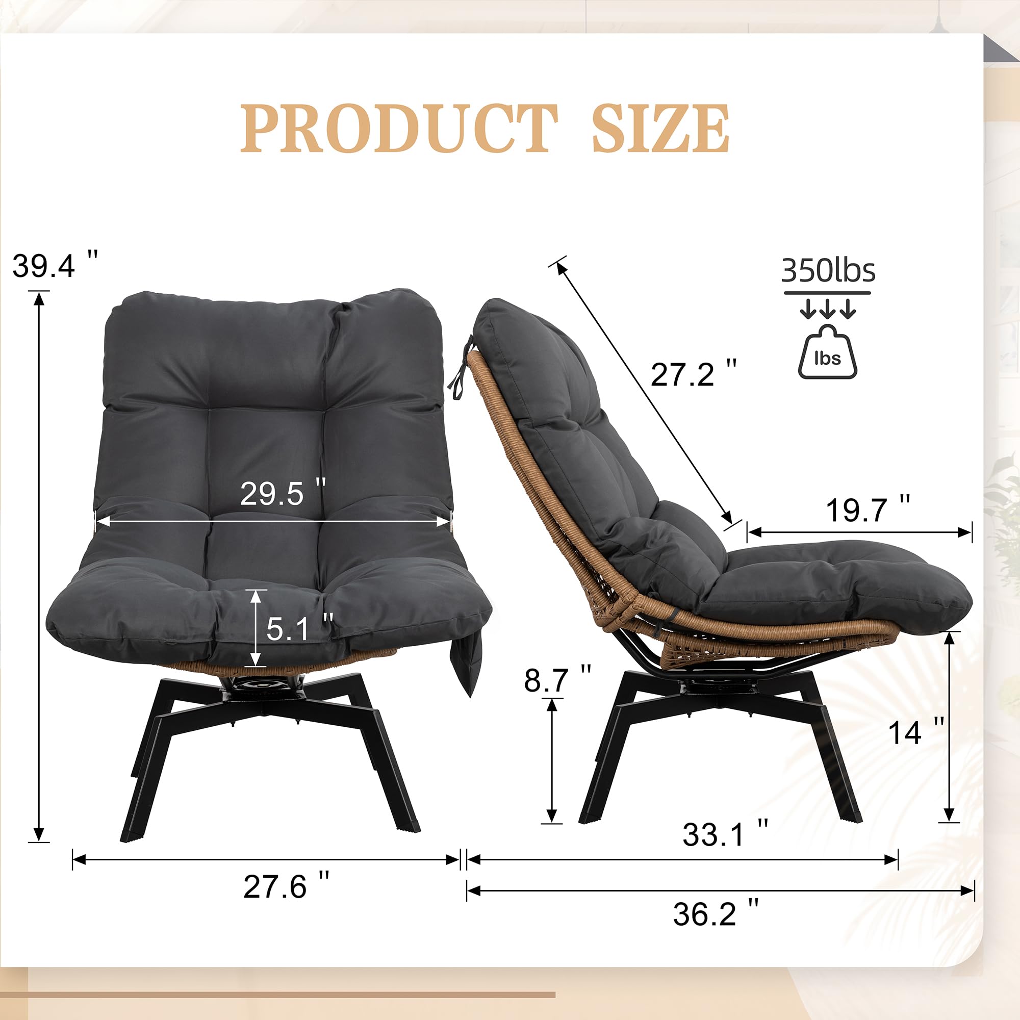 Swivel Wicker Chair with Cushion - Oversized Patio Lounge Chair