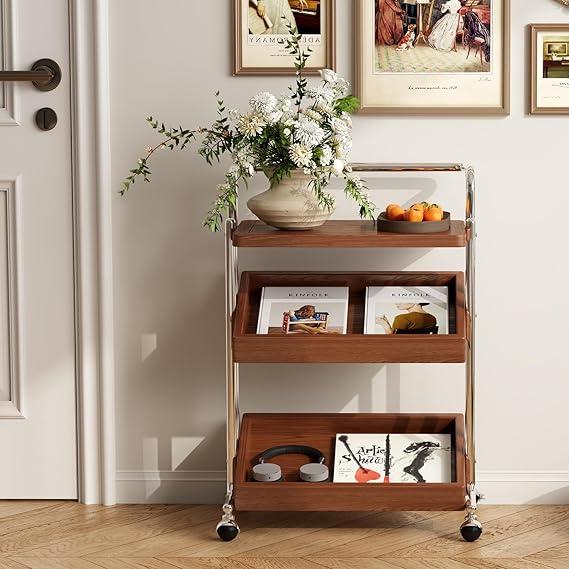 Solid Wood Rolling End Table Cart with Adjustable Storage