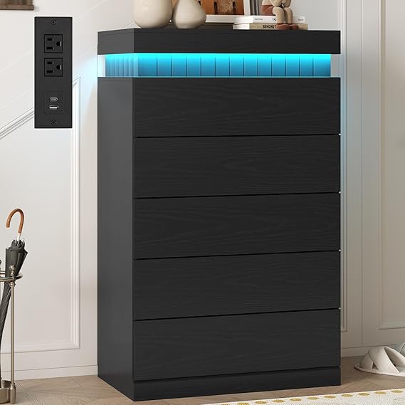Tall Black 8-Drawer Dresser with LED Light and Power Outlet