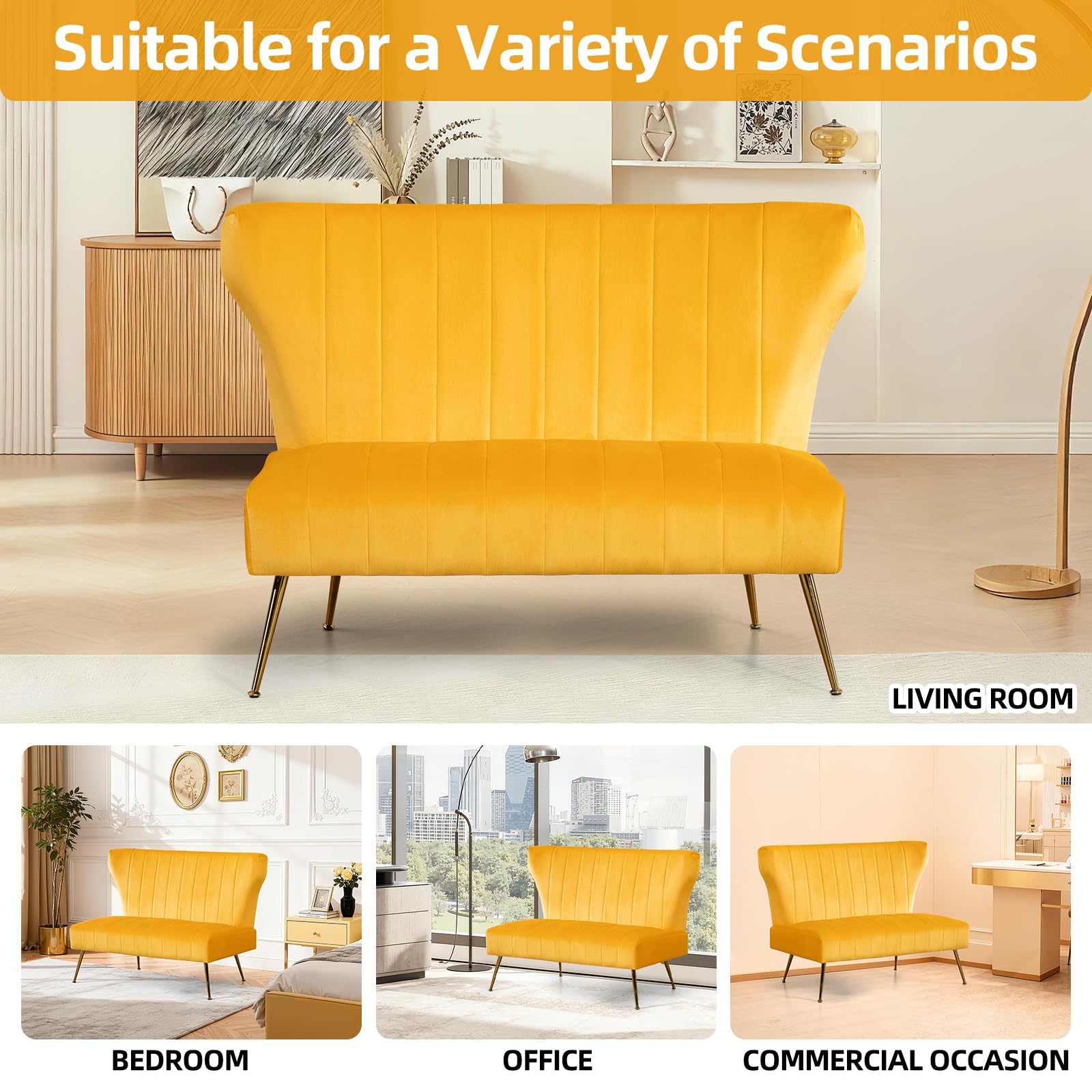 Yellow Velvet Loveseat with Gold Legs