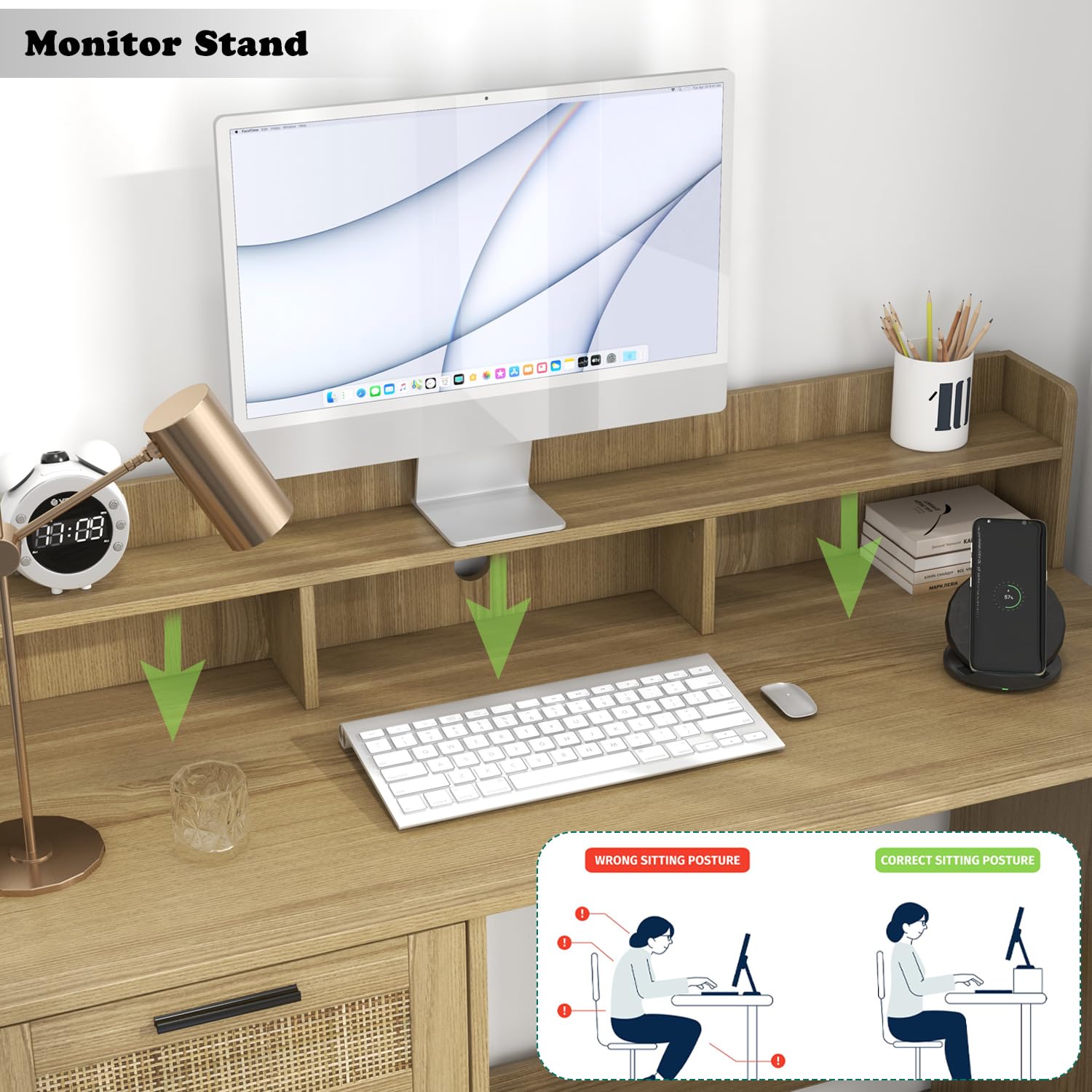 Small Computer Desk with Drawers and Hutch Shelf