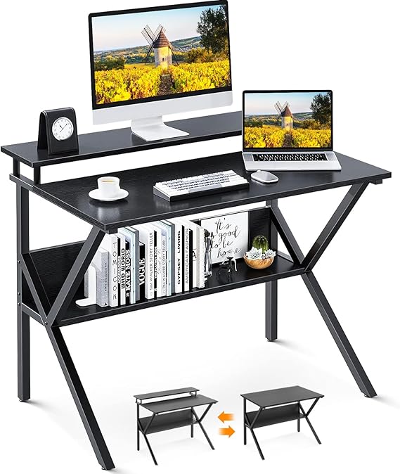 Small Desk with Storage and Monitor Stand