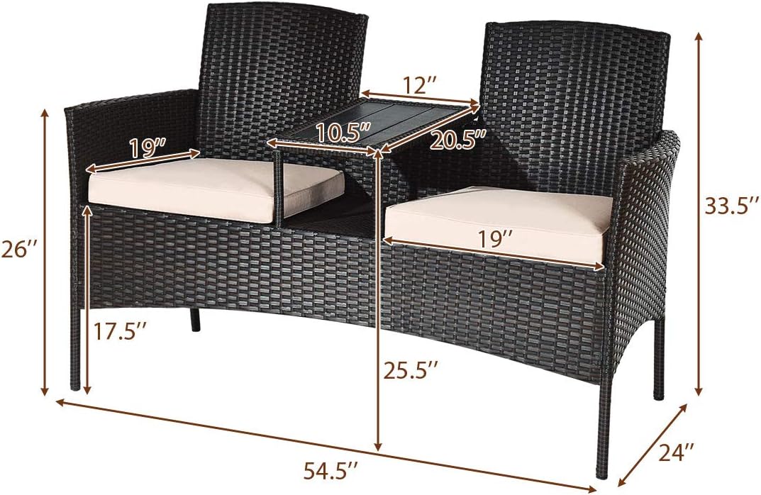 Outdoor Rattan Loveseat Conversation Set with Cushions & Coffee Table