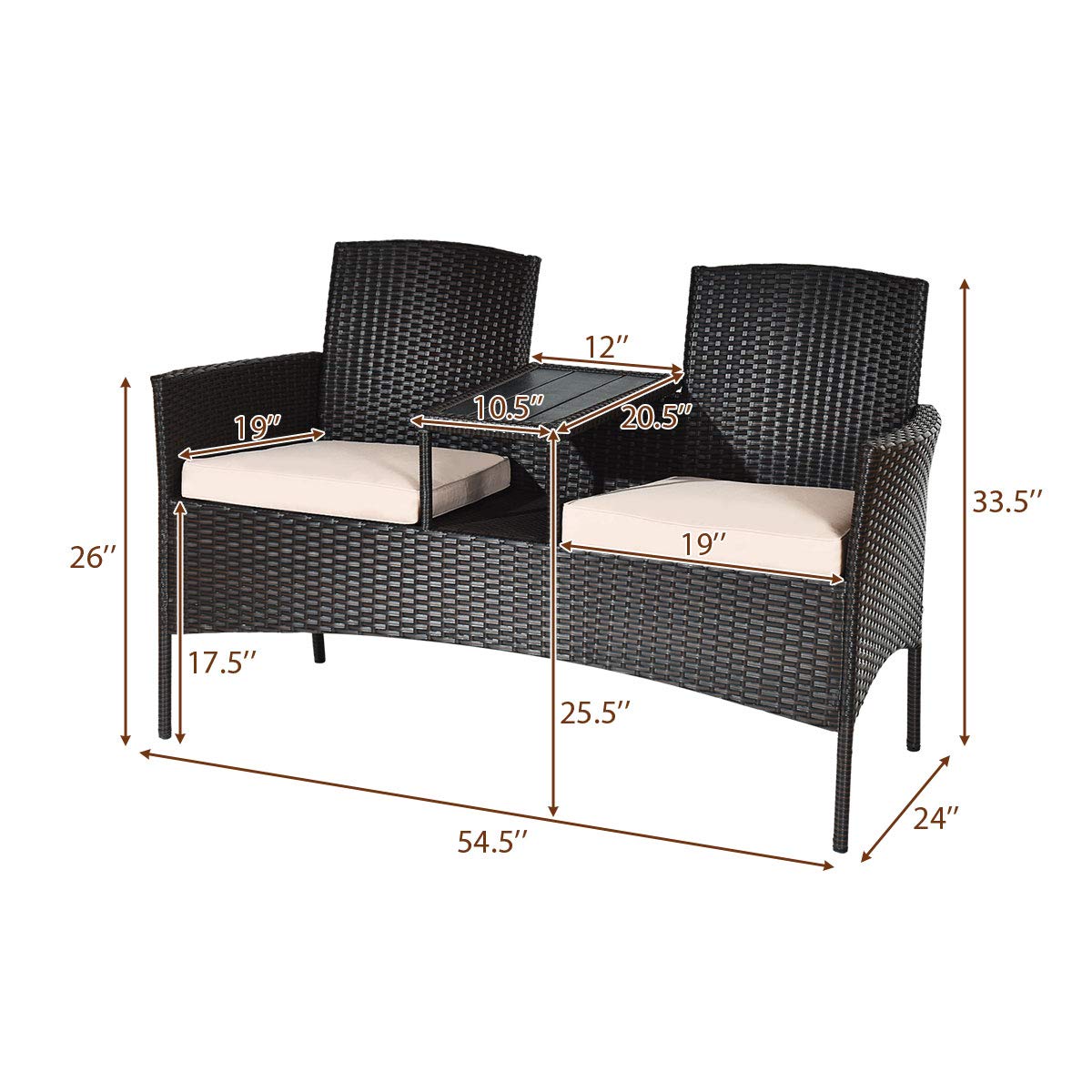 Outdoor Rattan Loveseat Conversation Set with Cushions & Coffee Table