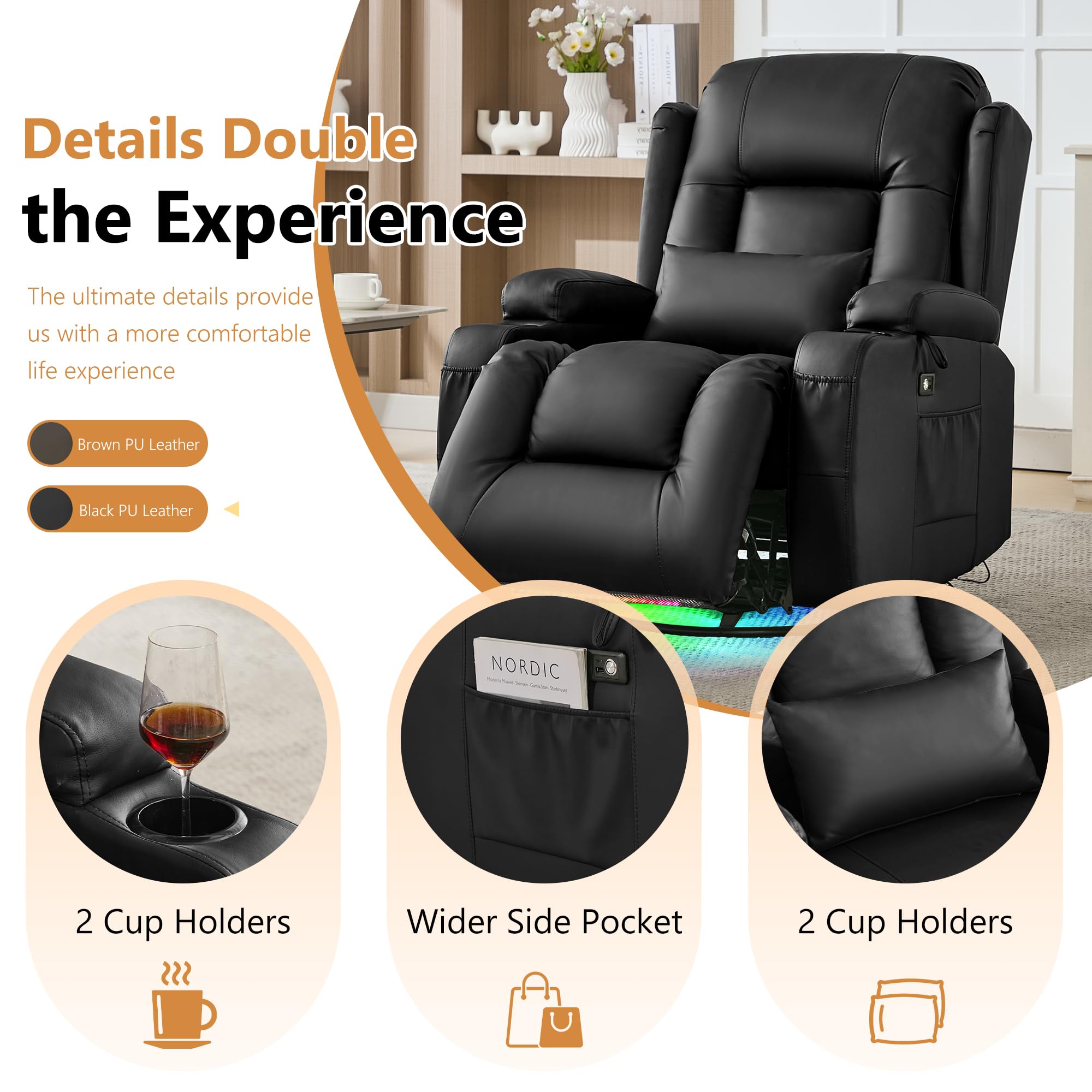 URRED Rocker Recliner Chair for Adults, 270° Swivel Glider Reclining Single Sofa with LED Ambient Light, Cup Holders and Side Pockets, Faux Leather Recliner for Living Room or Home Theater, Black