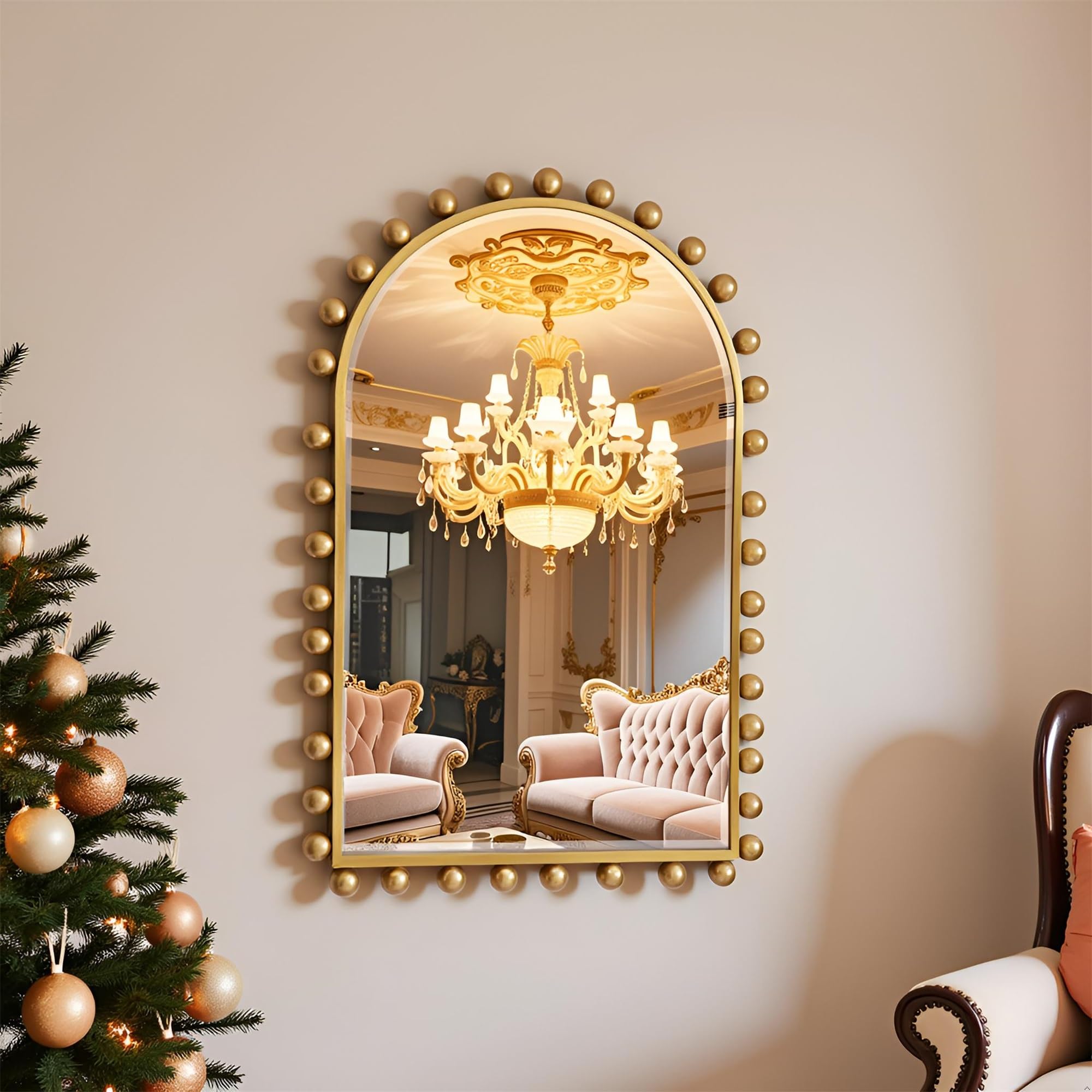 Arched Wall Mirror 24x36 Inch Antique Gold Ball Frame