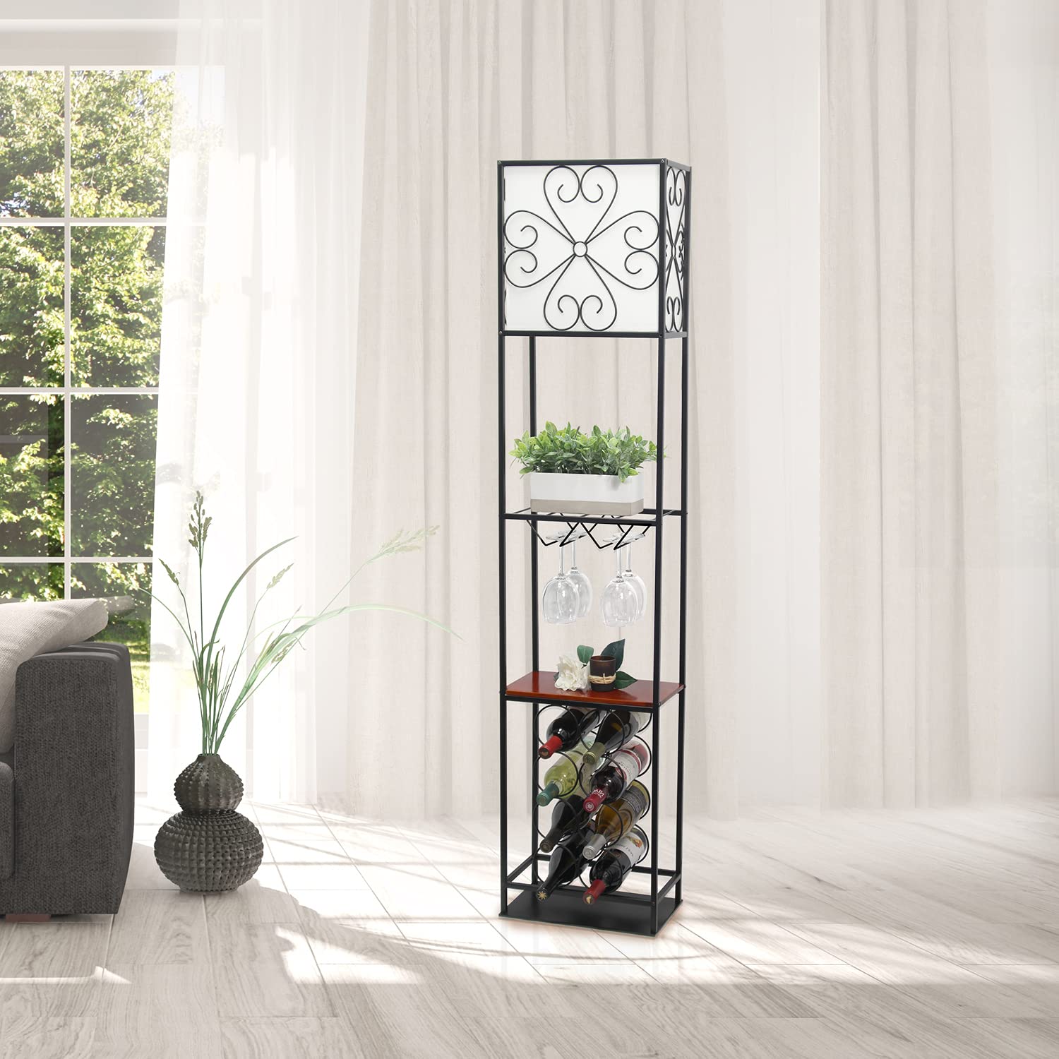Floor Lamp with Wine Rack and Storage Shelf