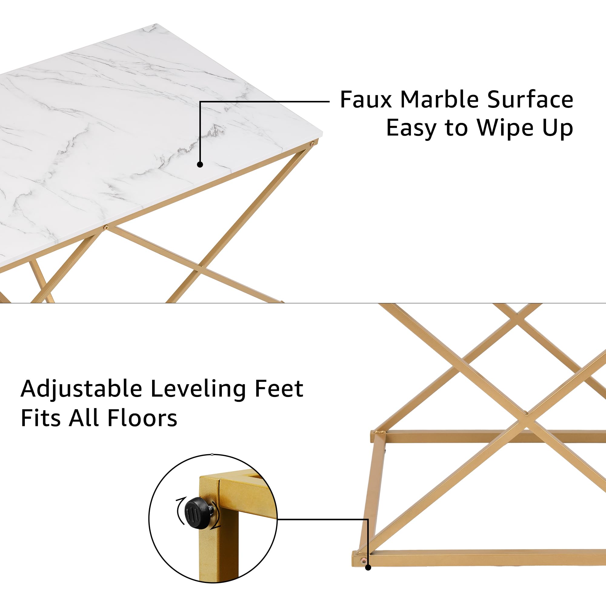 unipaws Modern Nesting Coffee Table Set of 3, Faux Marble Top with Golden Frame, Coffee Table with 2 Square End Side Tables, Perfect for Living Room, Apartment, Office