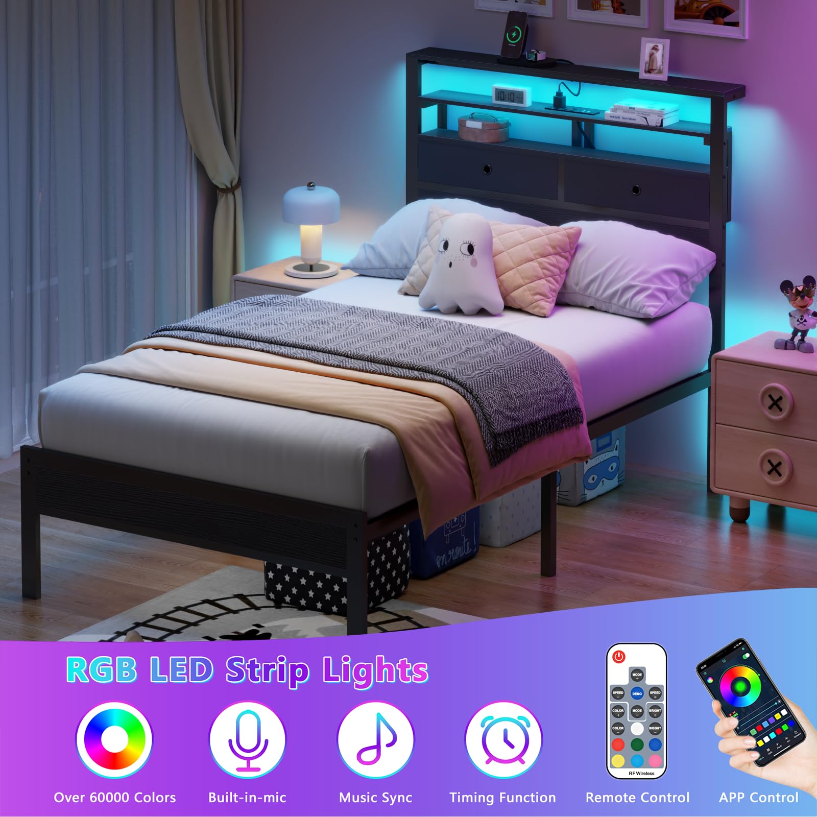 Twin Platform Bed with LED Lights and Charging Station