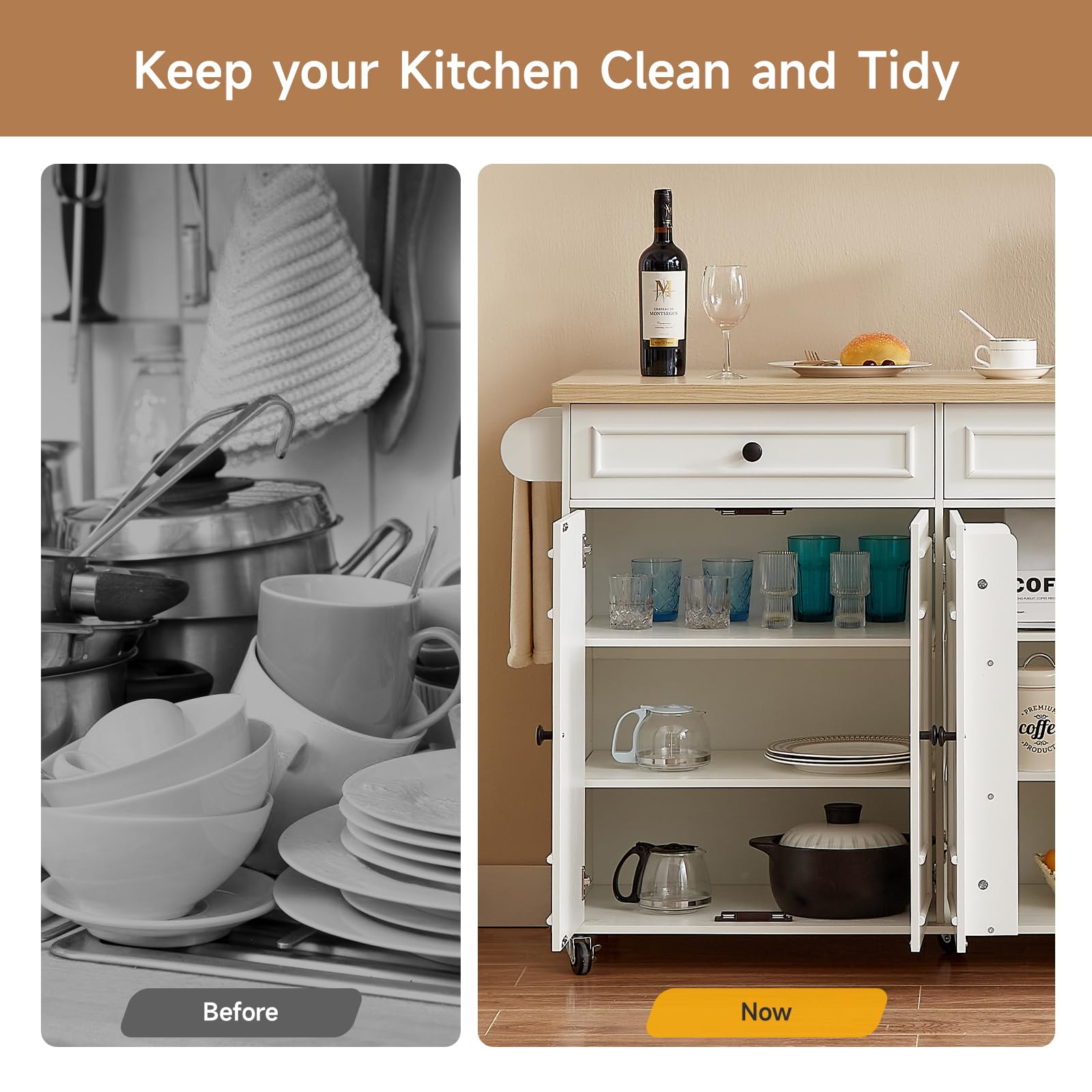 58" Mobile Kitchen Island Cart with Power Outlet