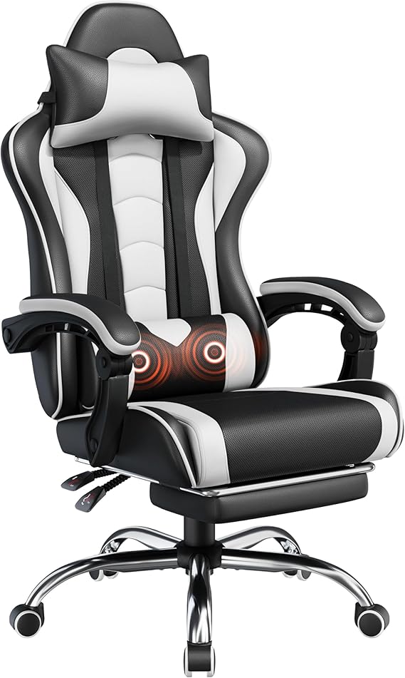 Gaming Chair with Massage Lumbar Support and Footrest