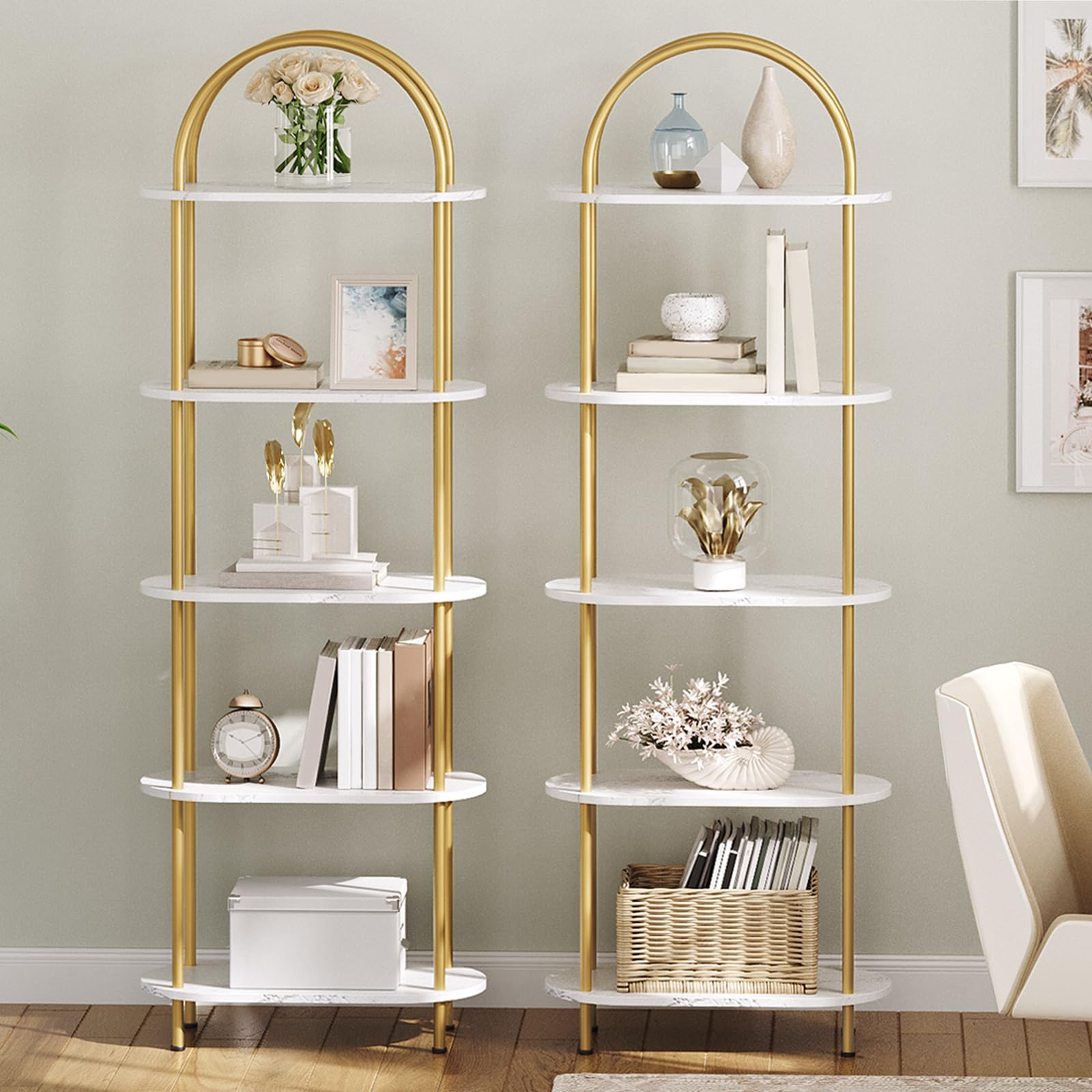 5 Tier Arched Bookshelf Gold Metal Frame