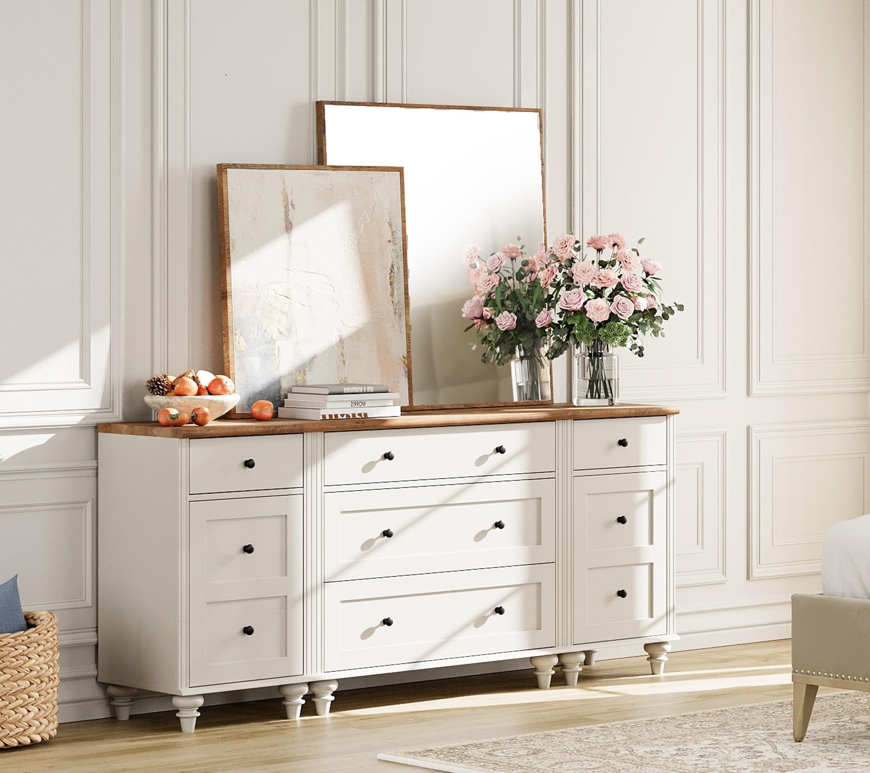 Dresser with 5 Drawers and 2 Storage Cabinets with Charging Station