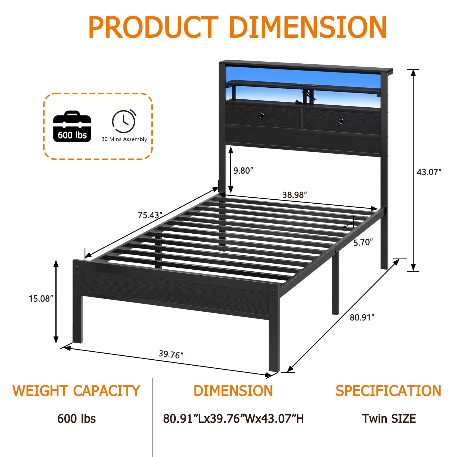 Twin Platform Bed with LED Lights and Charging Station
