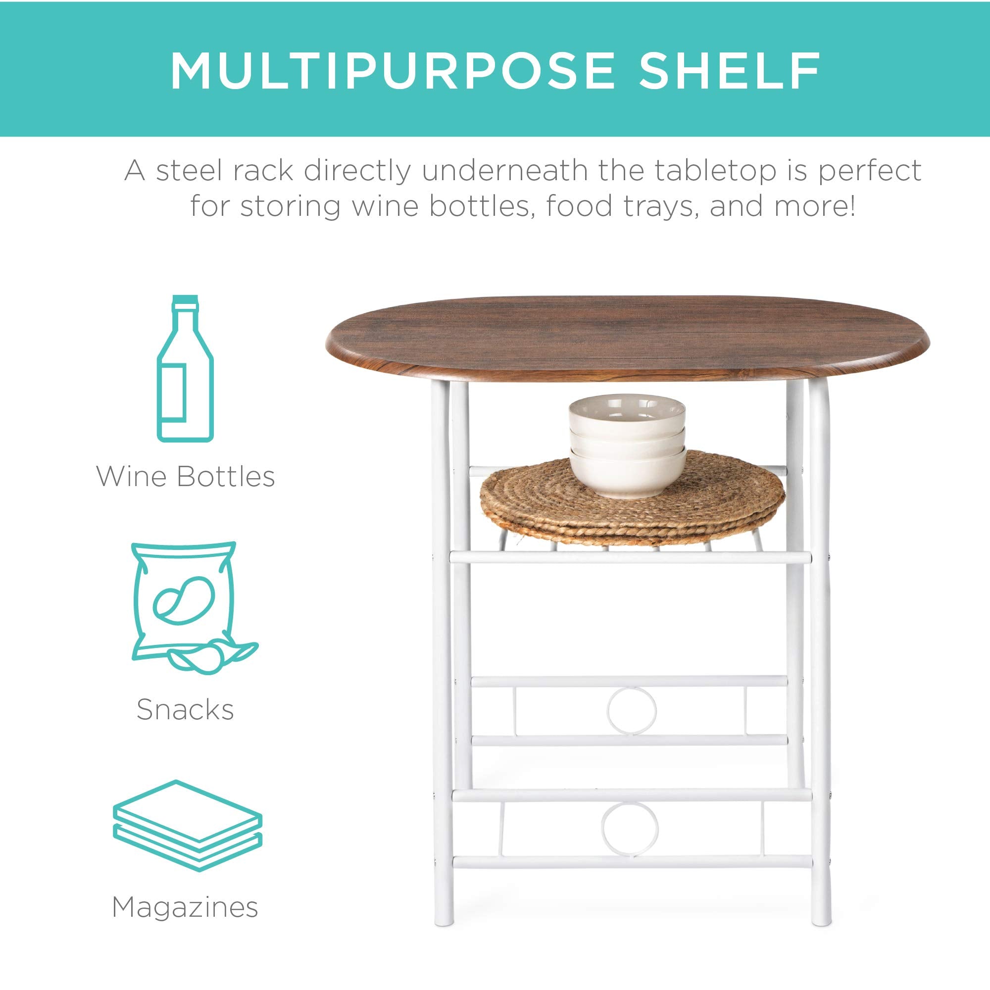 3-Piece Wooden Round Dining Table Set with Wine Rack