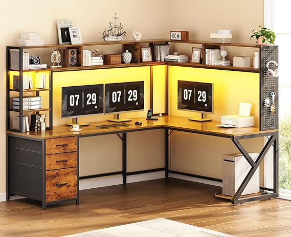 L Shaped Desk with Hutch and 3 Drawers 94.5 Inch