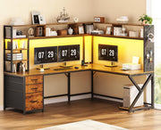 L Shaped Desk with Hutch and 3 Drawers 94.5 Inch