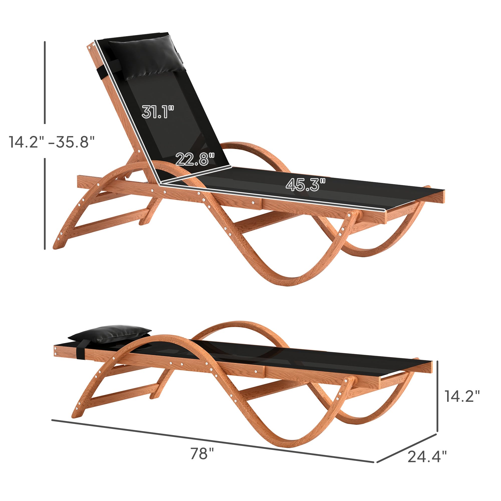 Larch Wood Lounge Chair 4-Level Adjustable Patio Chaise