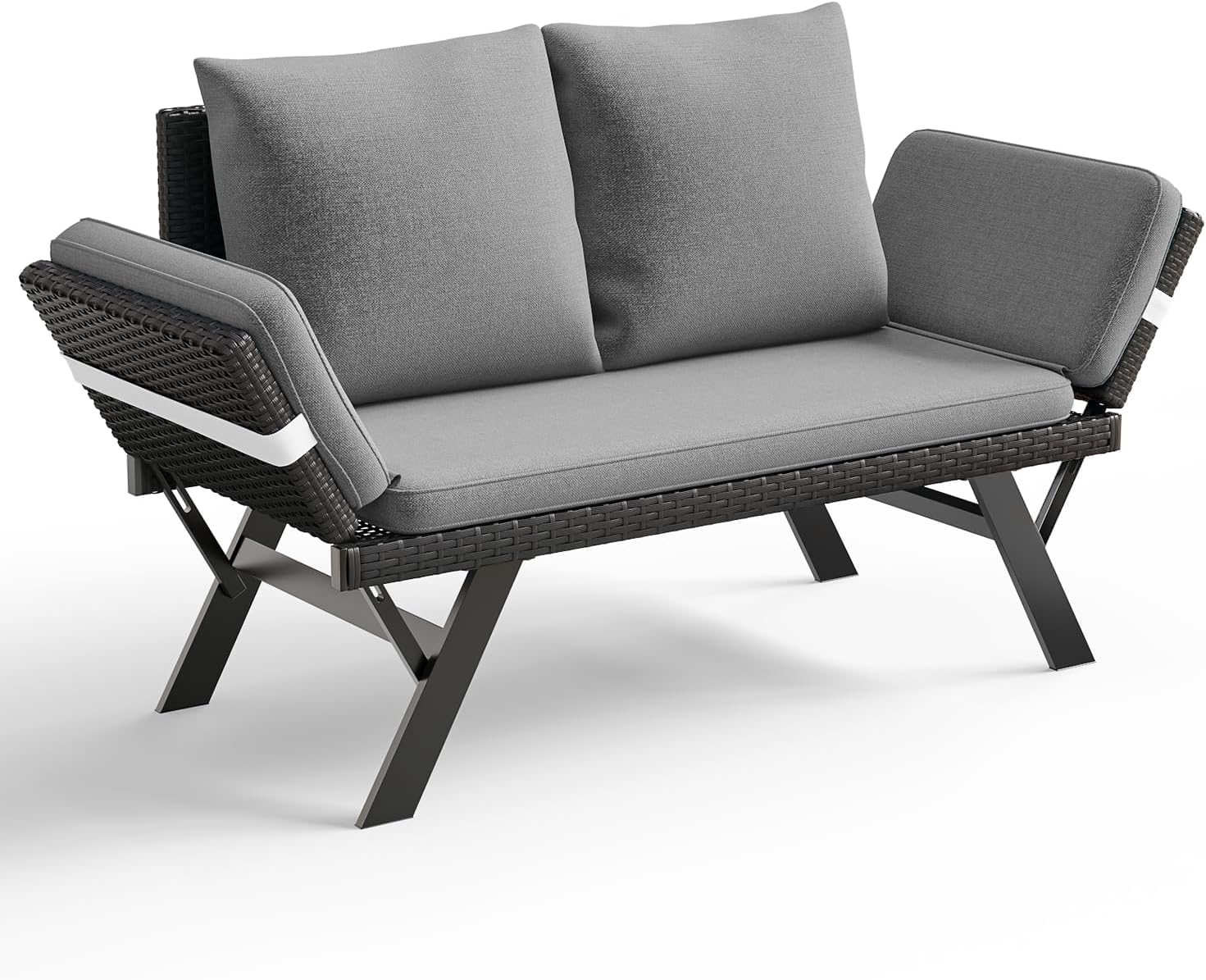 Woven Rattan Patio Loveseat with Adjustable Armrests