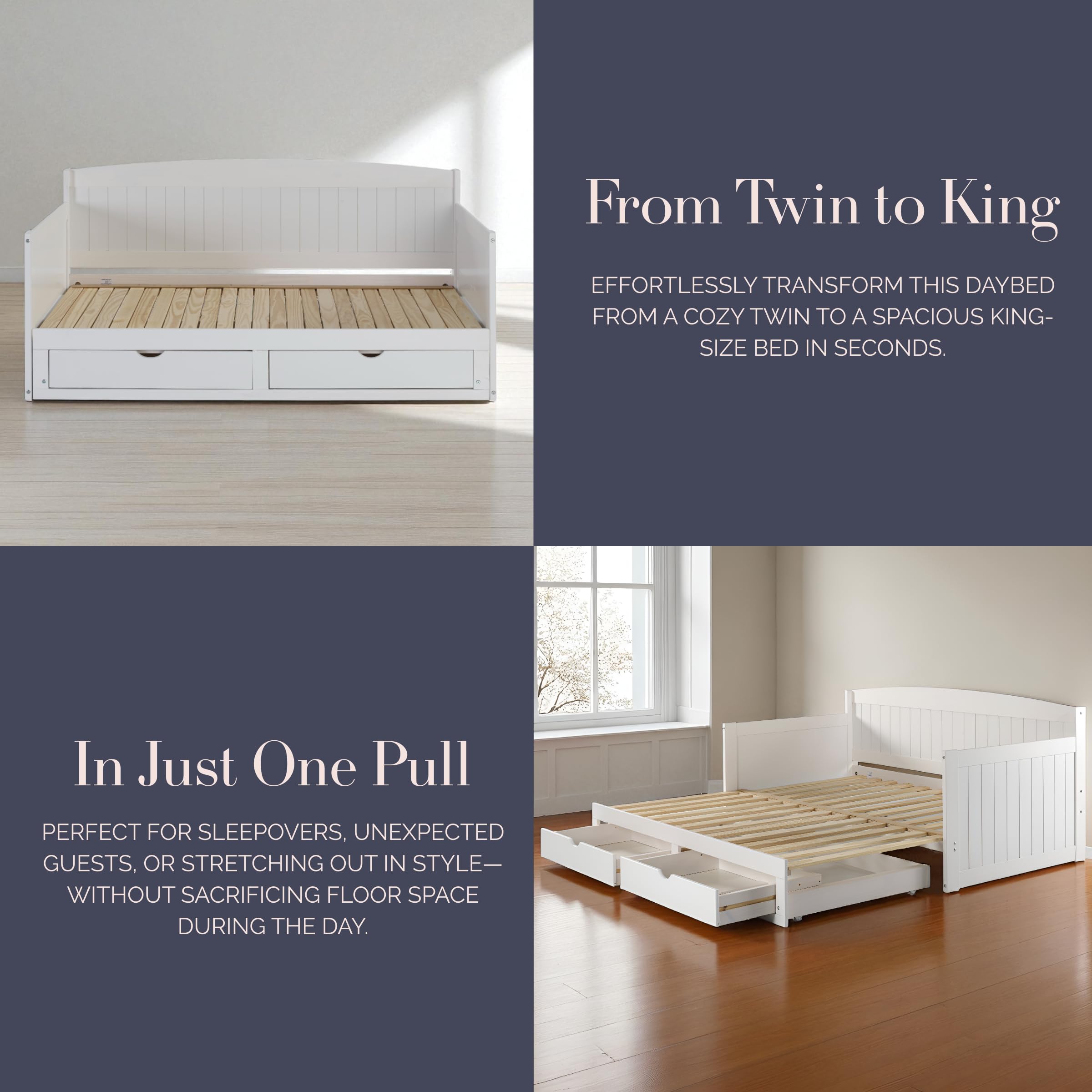 Harmony Twin to King Daybed with Pop Up Trundle and Storage Drawers