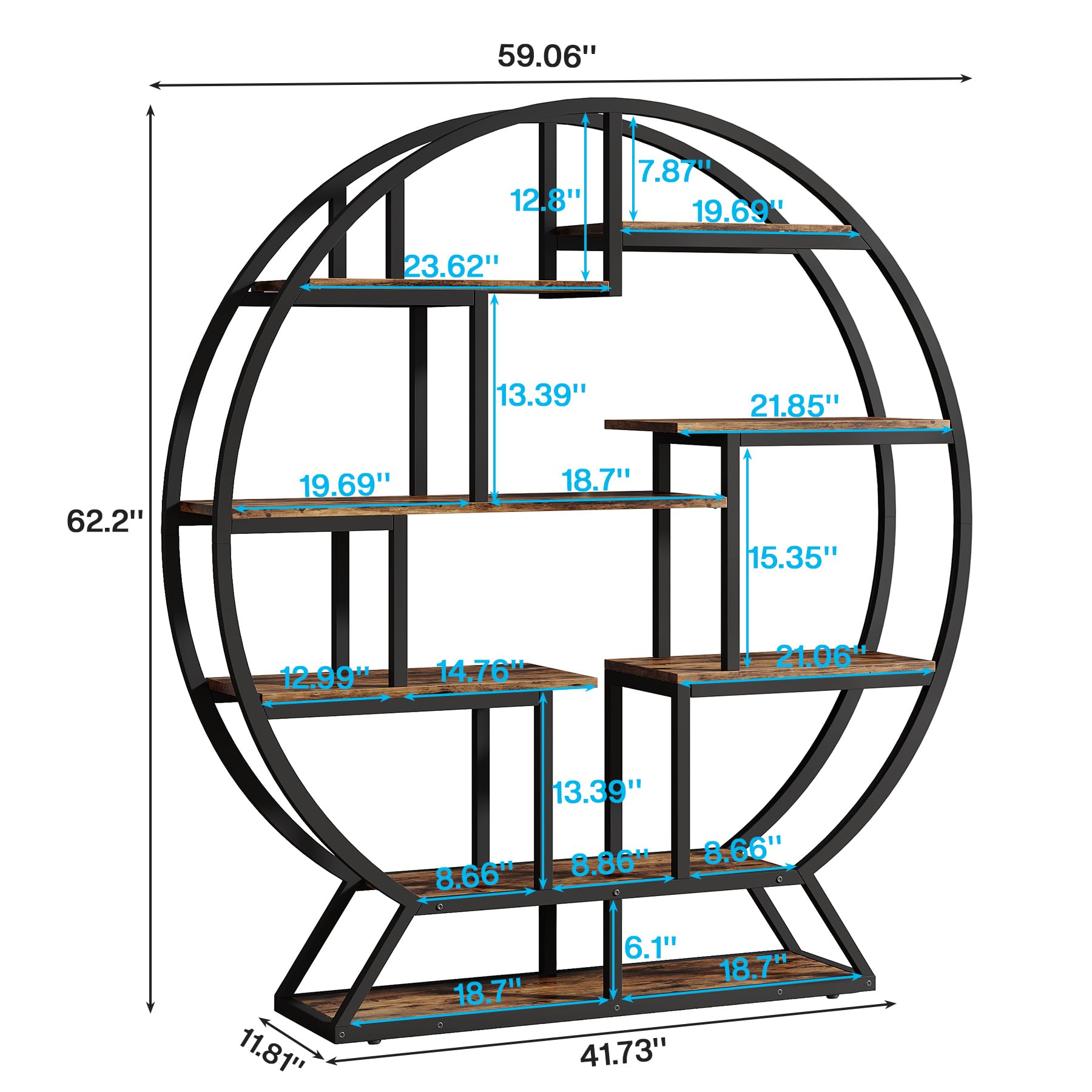63 Inch Round Industrial Bookshelf with Staggered Shelves