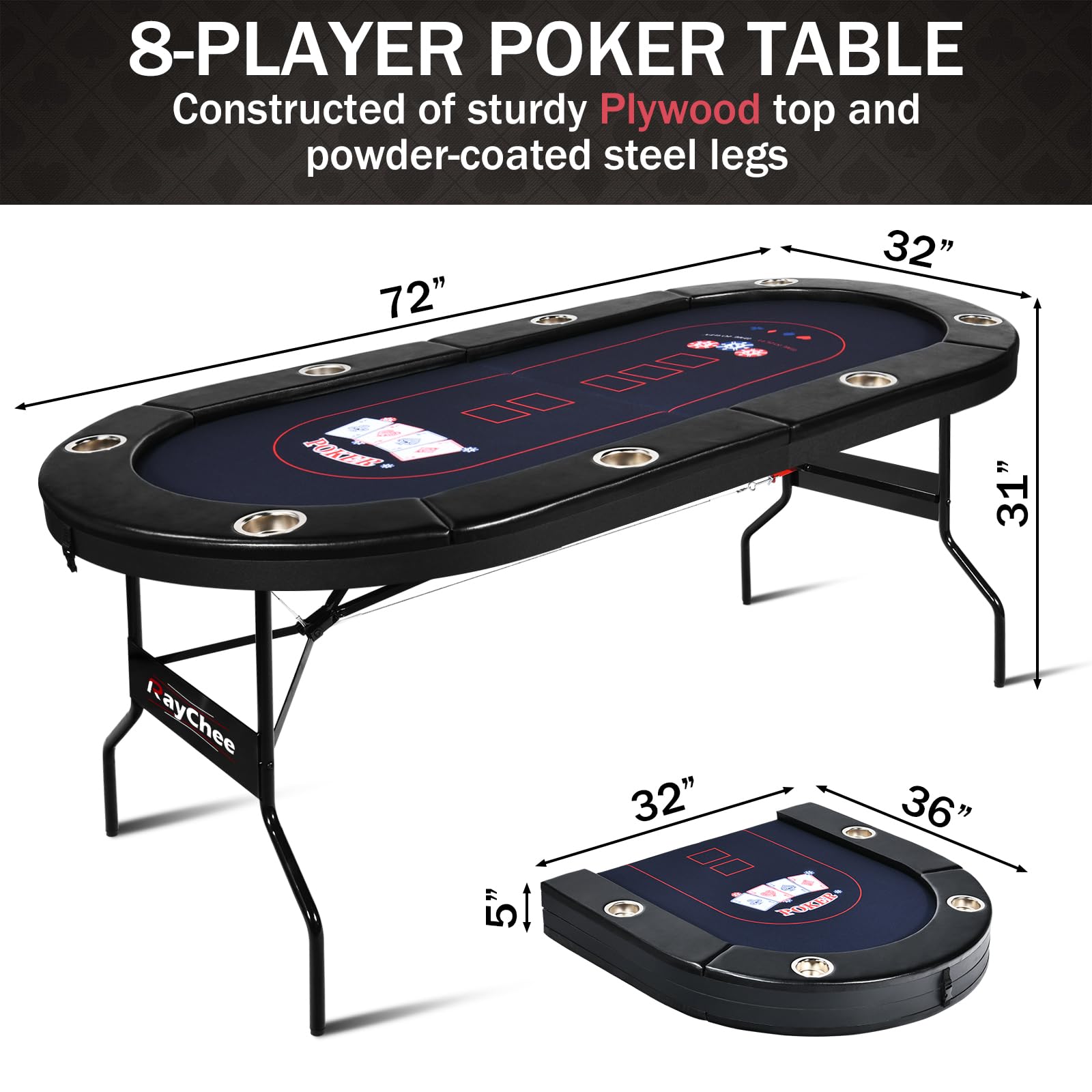 Foldable 8-Player Poker Table with Padded Rails
