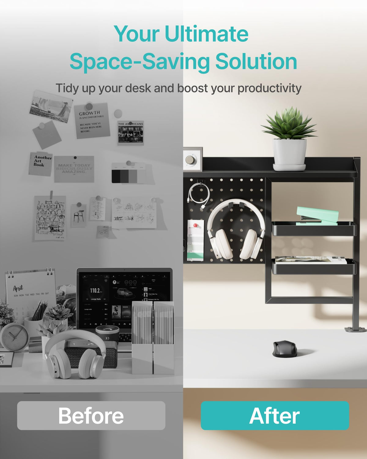 44" Clamp-On Desk Shelf with Pegboard and 2-Tier Organizer