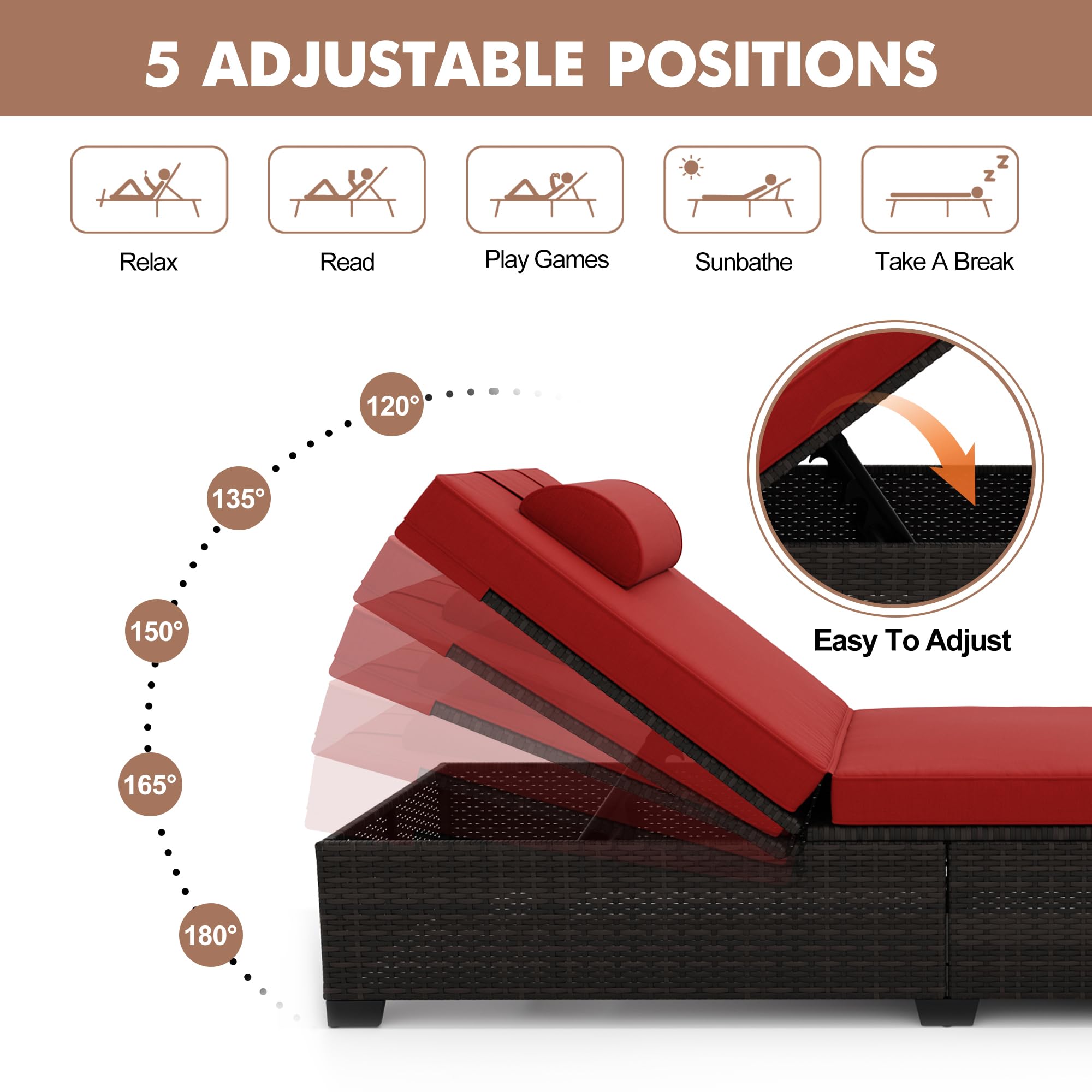 Outdoor PE Wicker Chaise Lounge Chairs Set of 2 with Adjustable Backrest