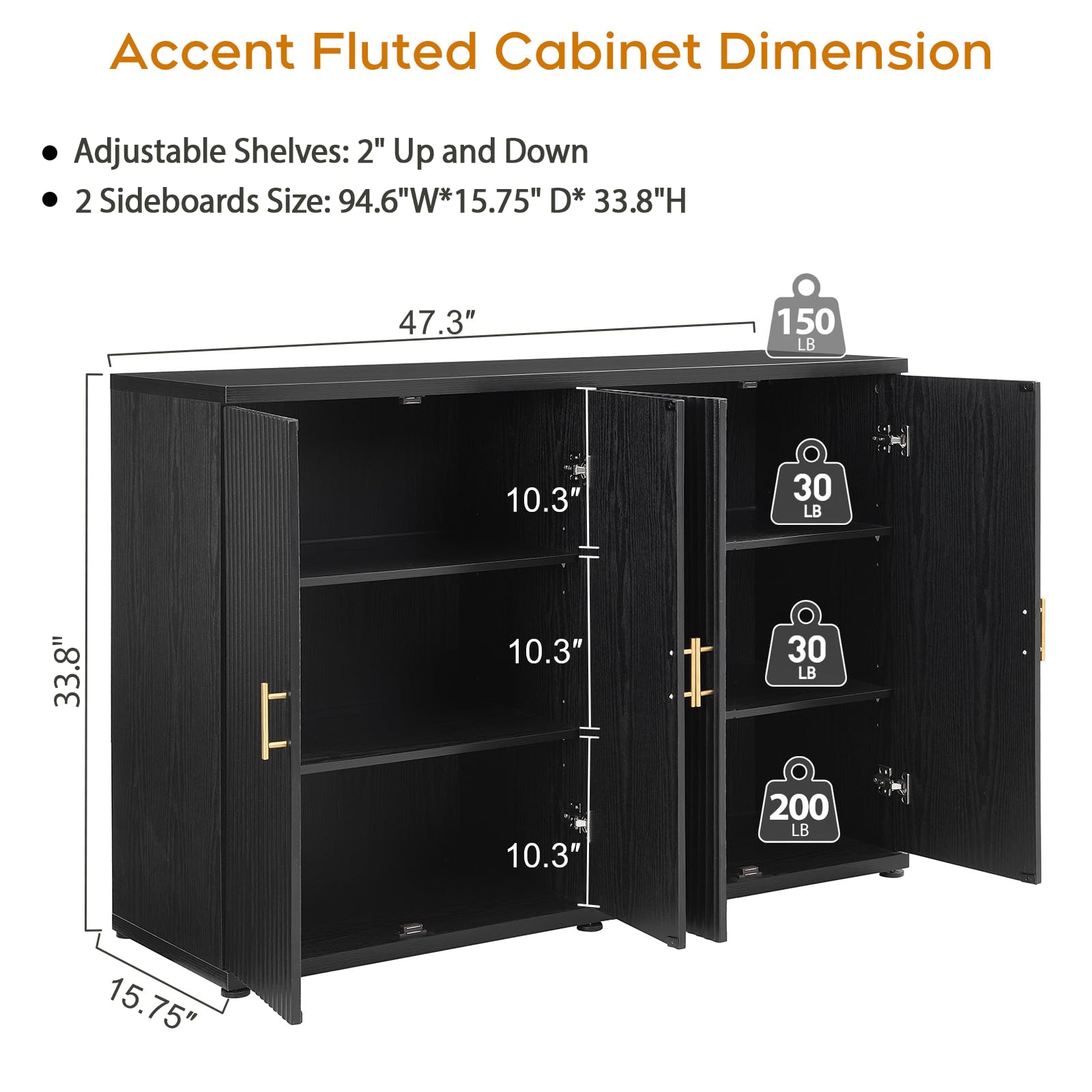 Black Fluted Sideboard Buffet Cabinet with Storage